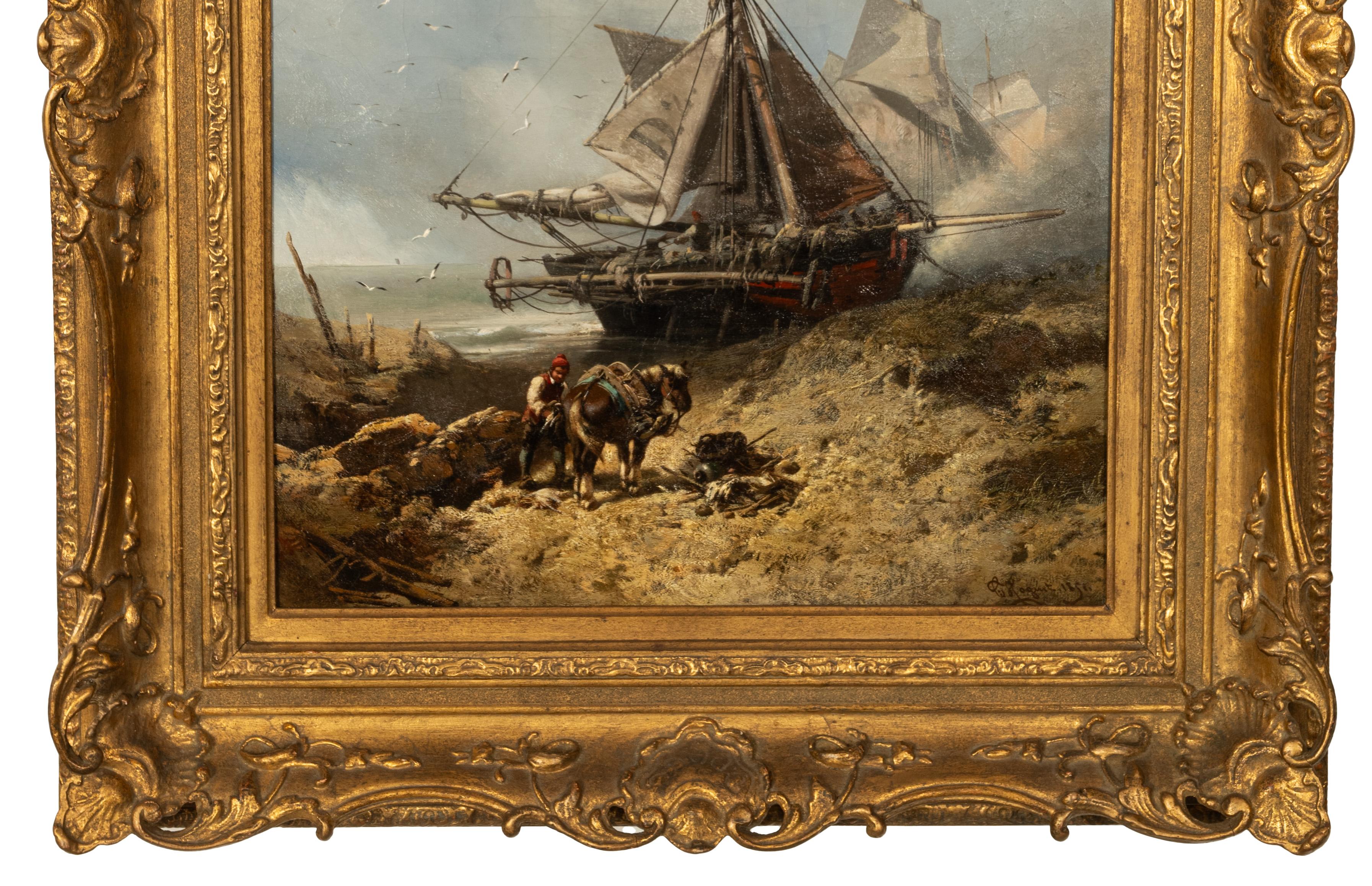 Atractivo óleo marino de mediados del siglo XIX, obra del célebre artista francés Charles Hoguet (1821-1870), Dieppe 1851.
El cuadro representa tres barcos pesqueros con mástiles, con el oleaje rompiendo en la orilla y sobre un cielo azul aunque