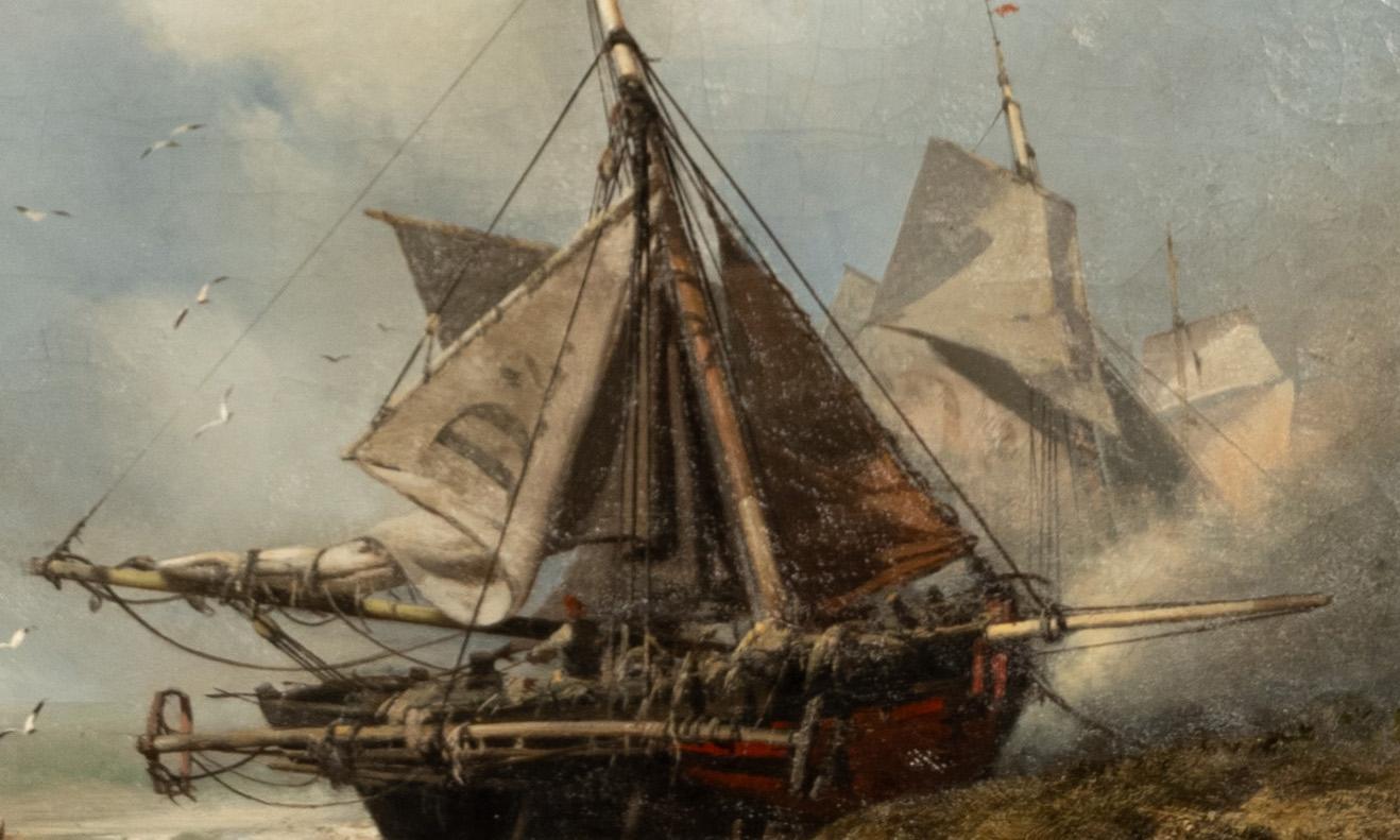 Antique French School Marine Ship Fishing Boats Pintura al óleo Dieppe 1851 en venta 2