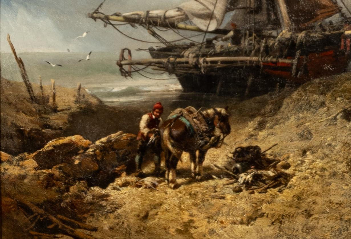 Antique French School Marine Ship Fishing Boats Pintura al óleo Dieppe 1851 en venta 3
