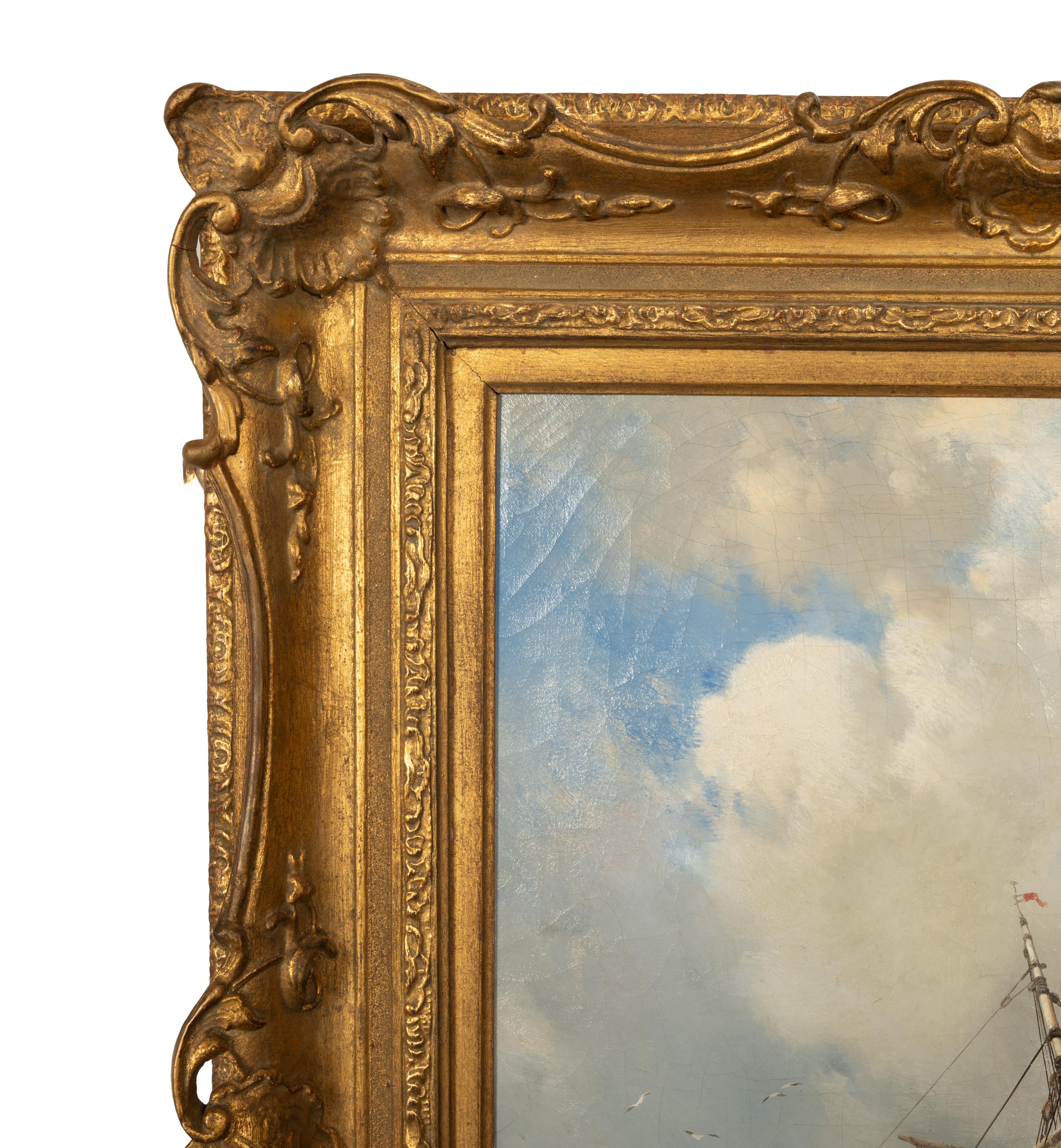 Antique French School Marine Ship Fishing Boats Pintura al óleo Dieppe 1851 en venta 4