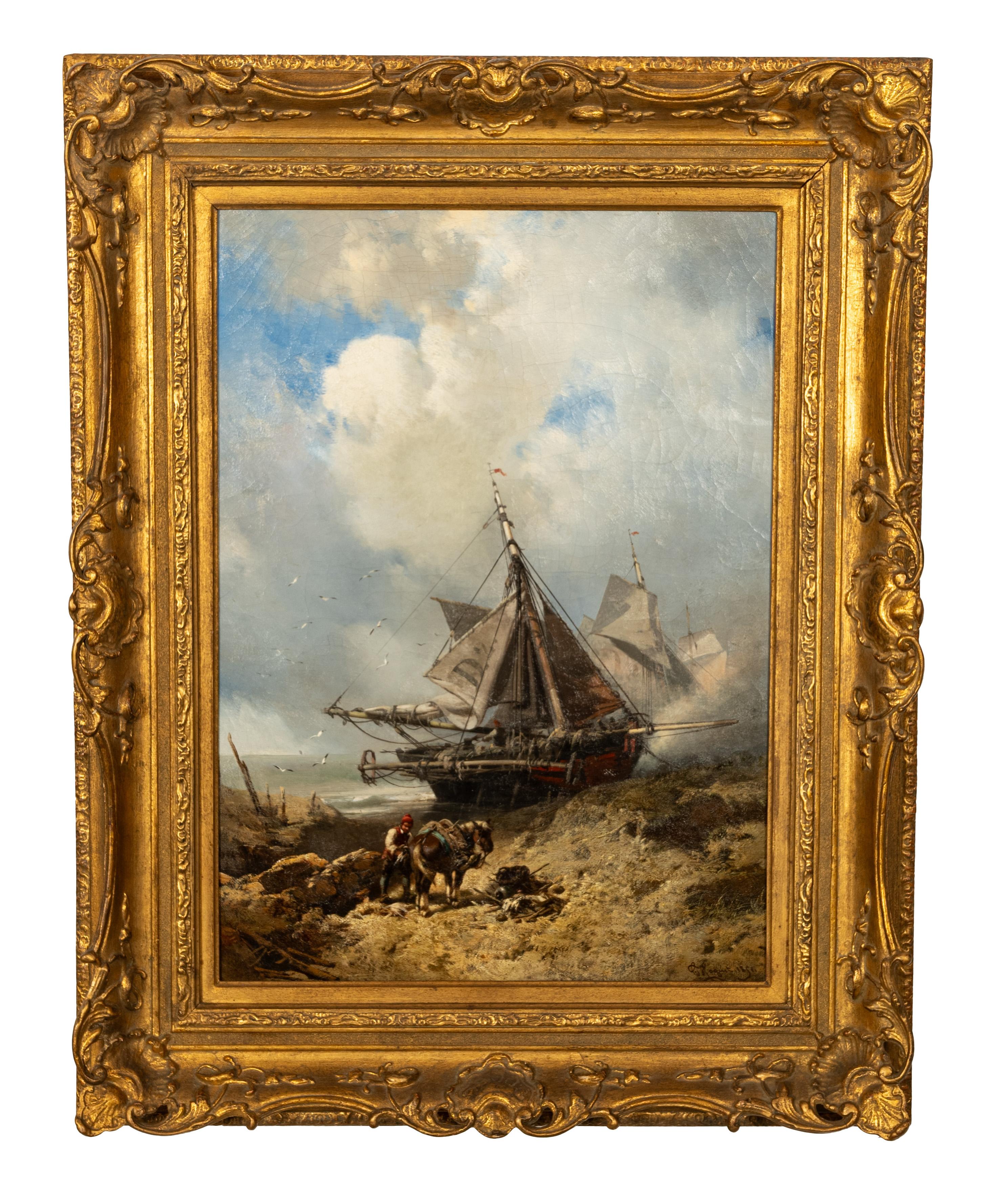 Landscape Painting de Charles Hoguet - Antique French School Marine Ship Fishing Boats Pintura al óleo Dieppe 1851