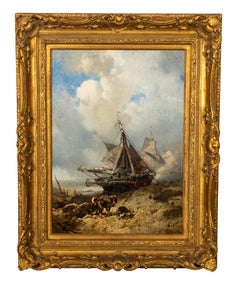 Antique French School Marine Ship Fishing Boats Oil Canvas Painting Dieppe 1851 