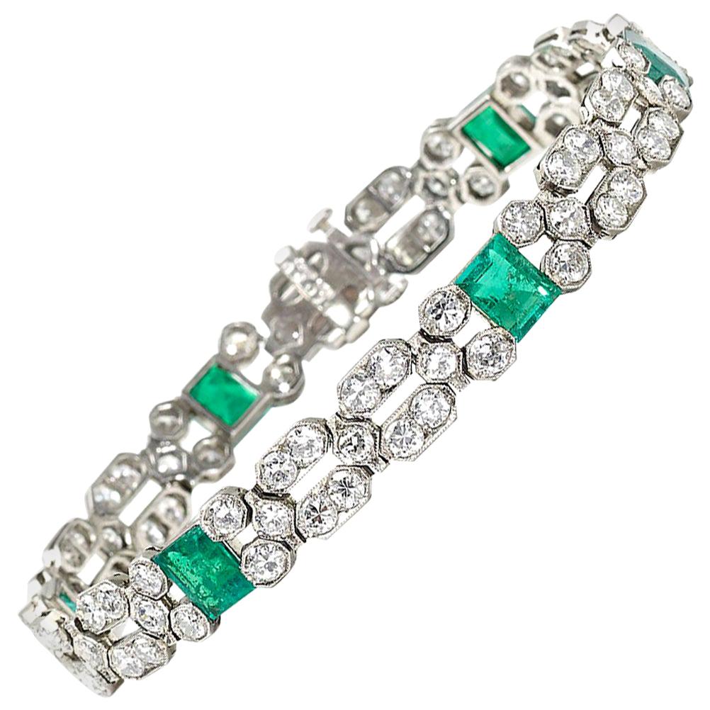Charles Holl French Art Deco Emerald, Diamond and Platinum Bracelet, Circa 1935