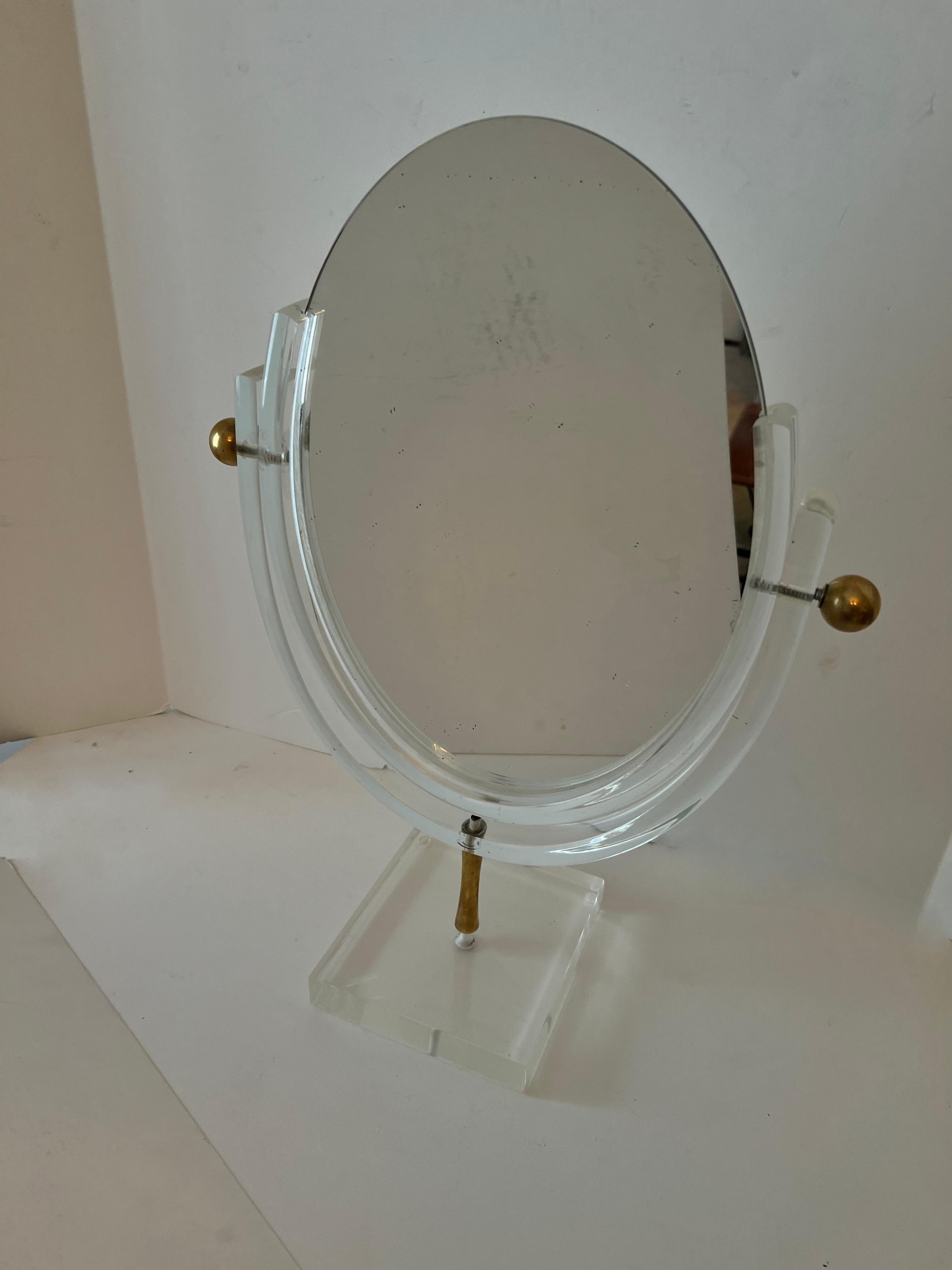 Mid-Century Modern Charles Hollis Jones Acrylic and Brass Double Sided Table Mirror For Sale