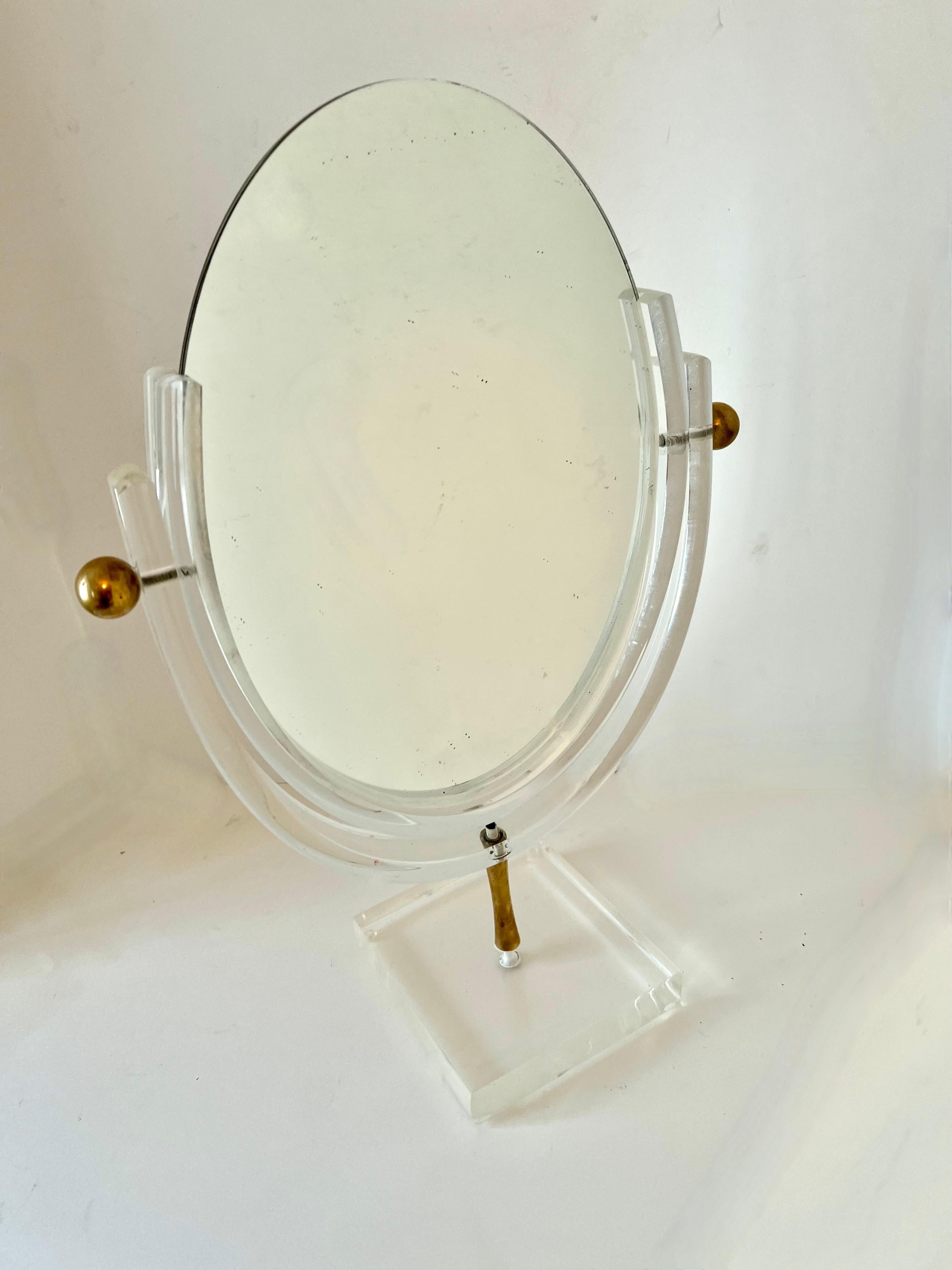Hand-Crafted Charles Hollis Jones Acrylic and Brass Double Sided Table Mirror For Sale