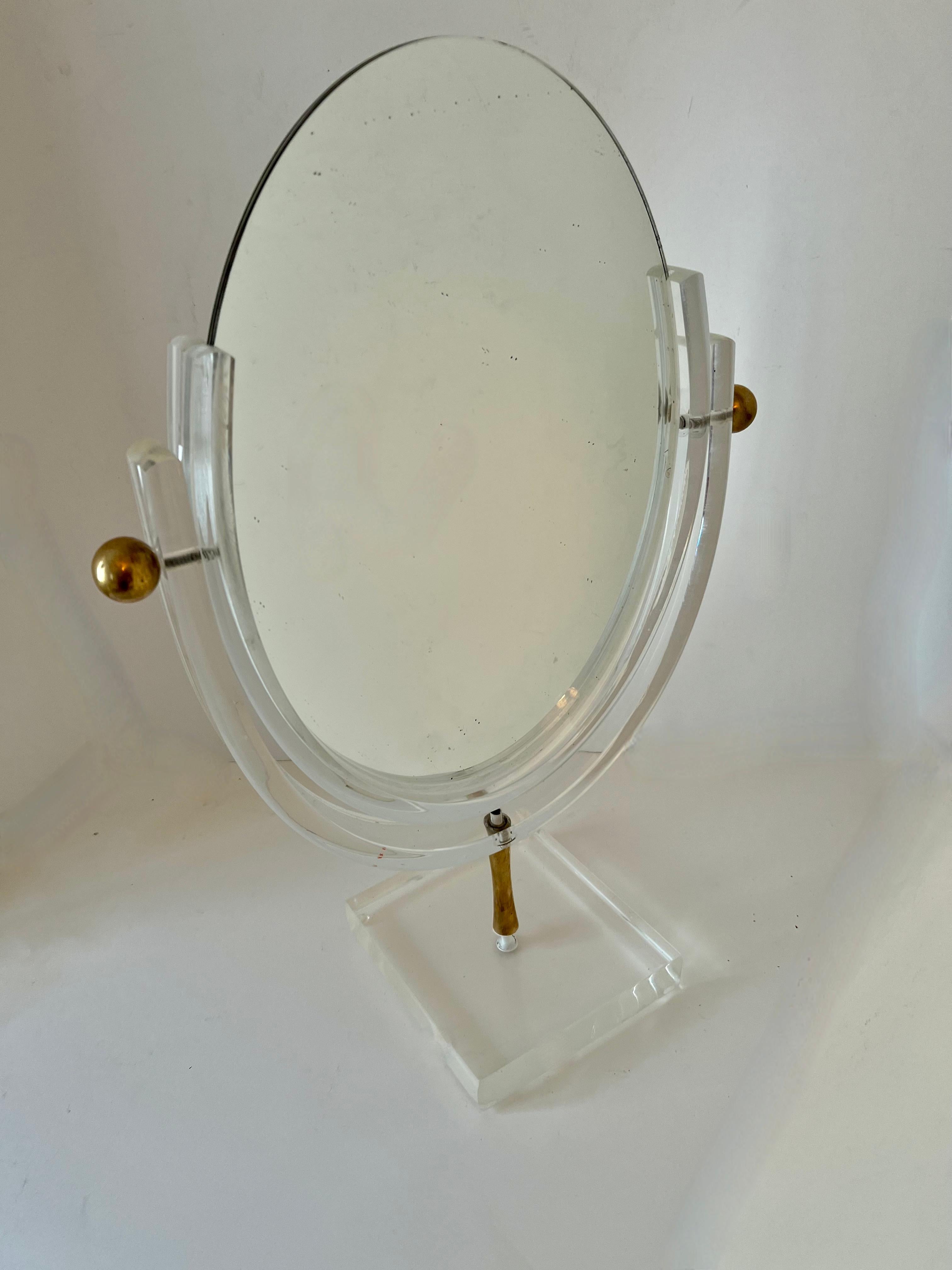 Charles Hollis Jones Acrylic and Brass Double Sided Table Mirror In Good Condition For Sale In Los Angeles, CA
