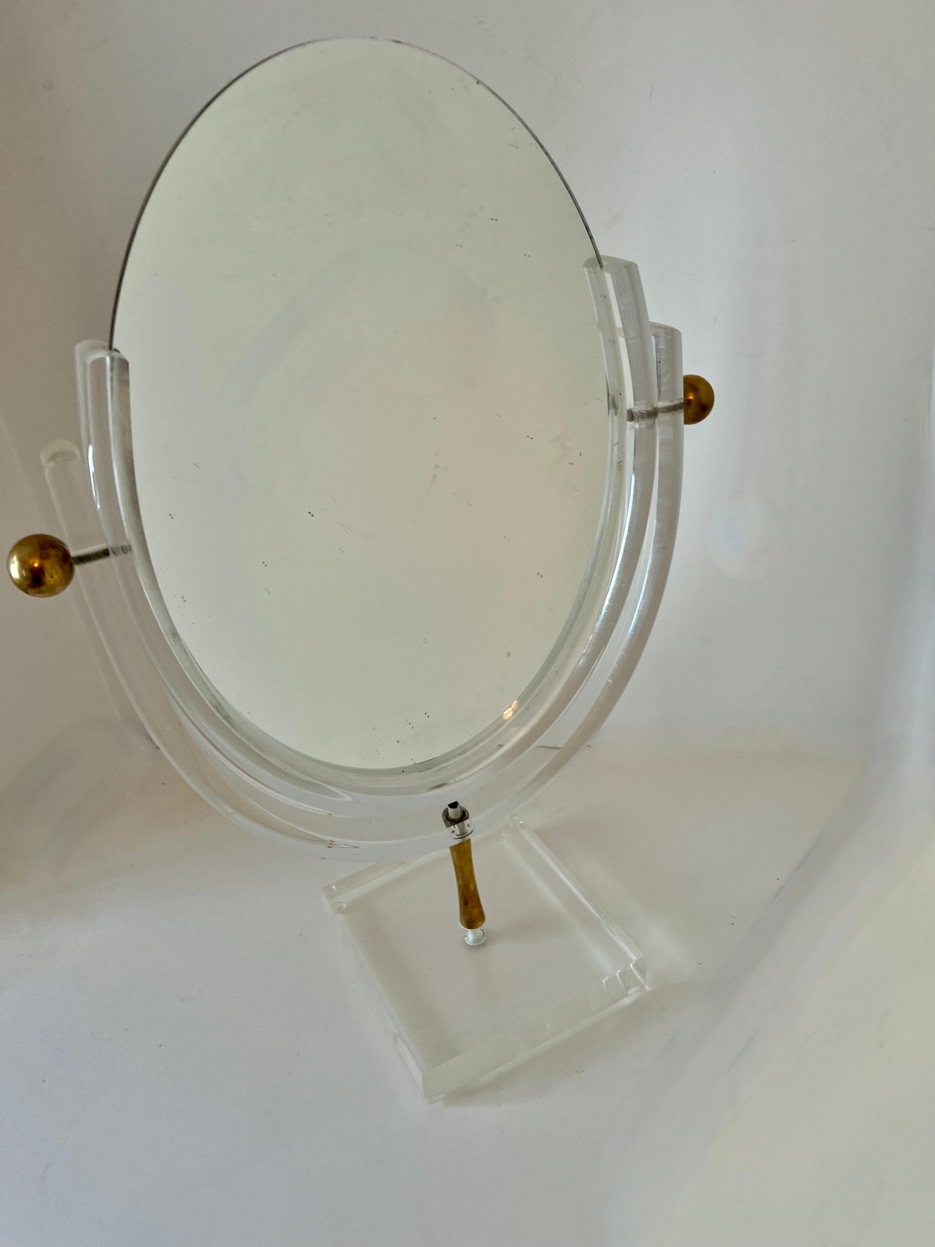 20th Century Charles Hollis Jones Acrylic and Brass Double Sided Table Mirror For Sale