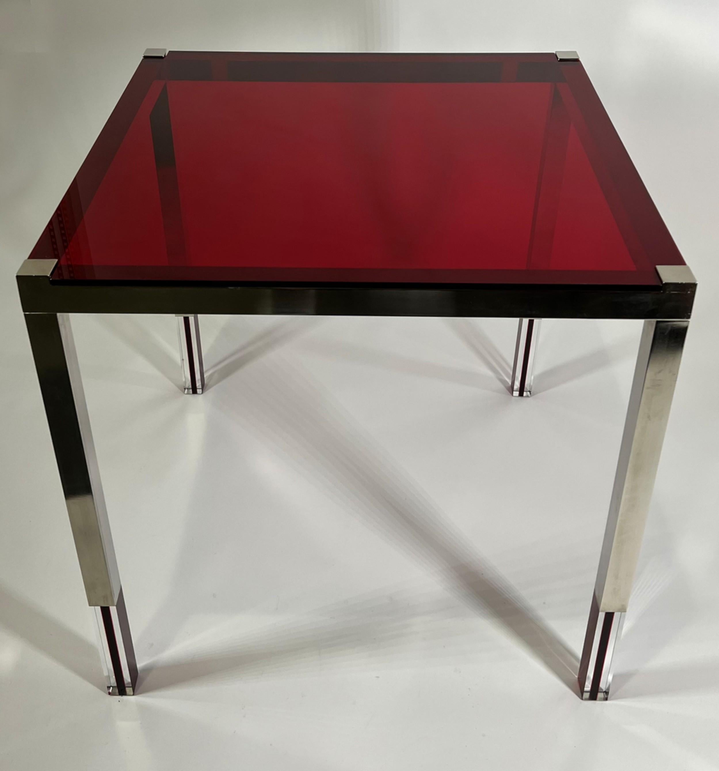 Charles Hollis Jones American Modern Red & Clear Lucite & Nickel Game Table In Good Condition For Sale In New York, NY