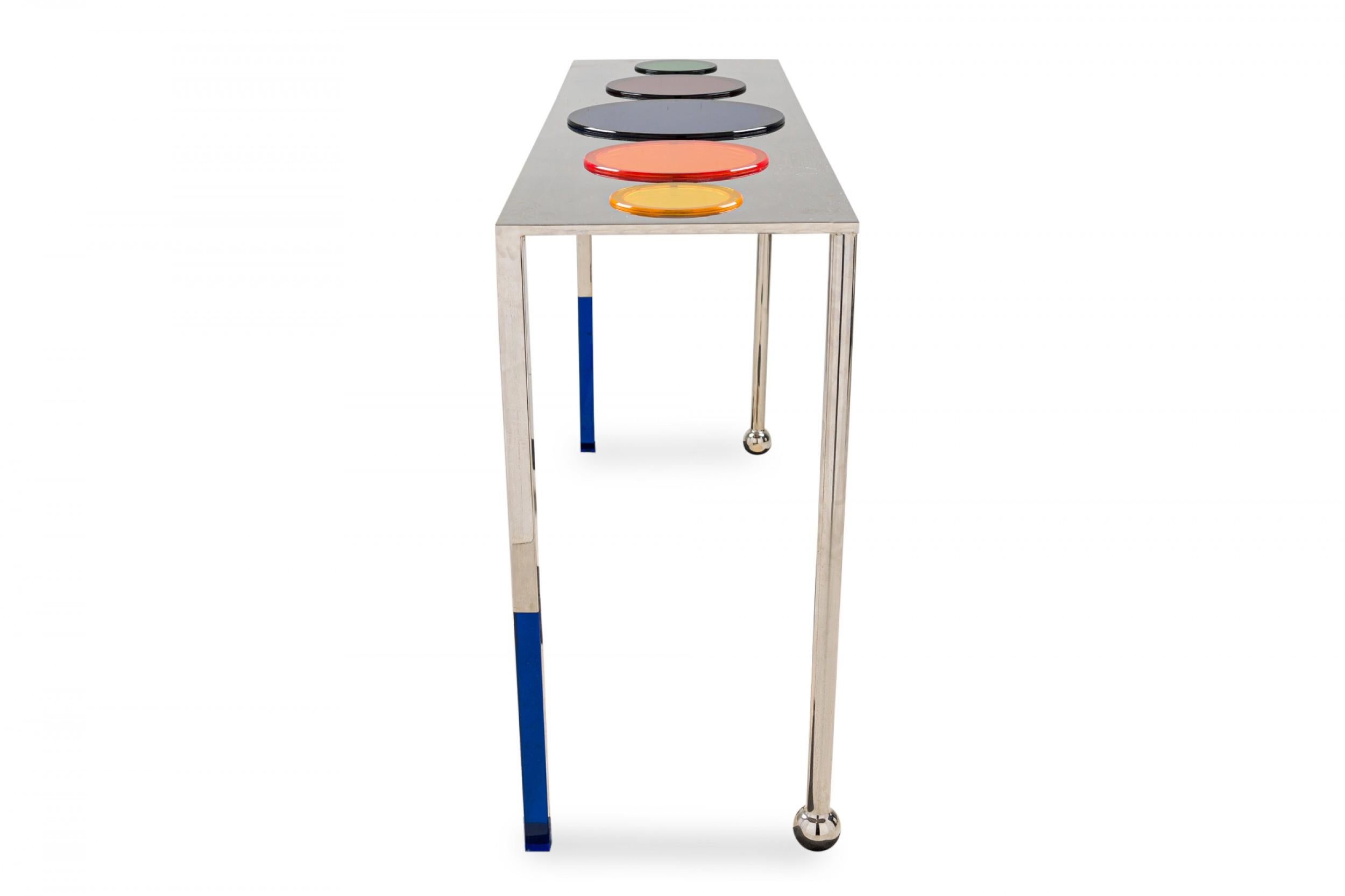Modern Charles Hollis Jones American Nickel & Multi-Colored Lucite Disk Console Table For Sale