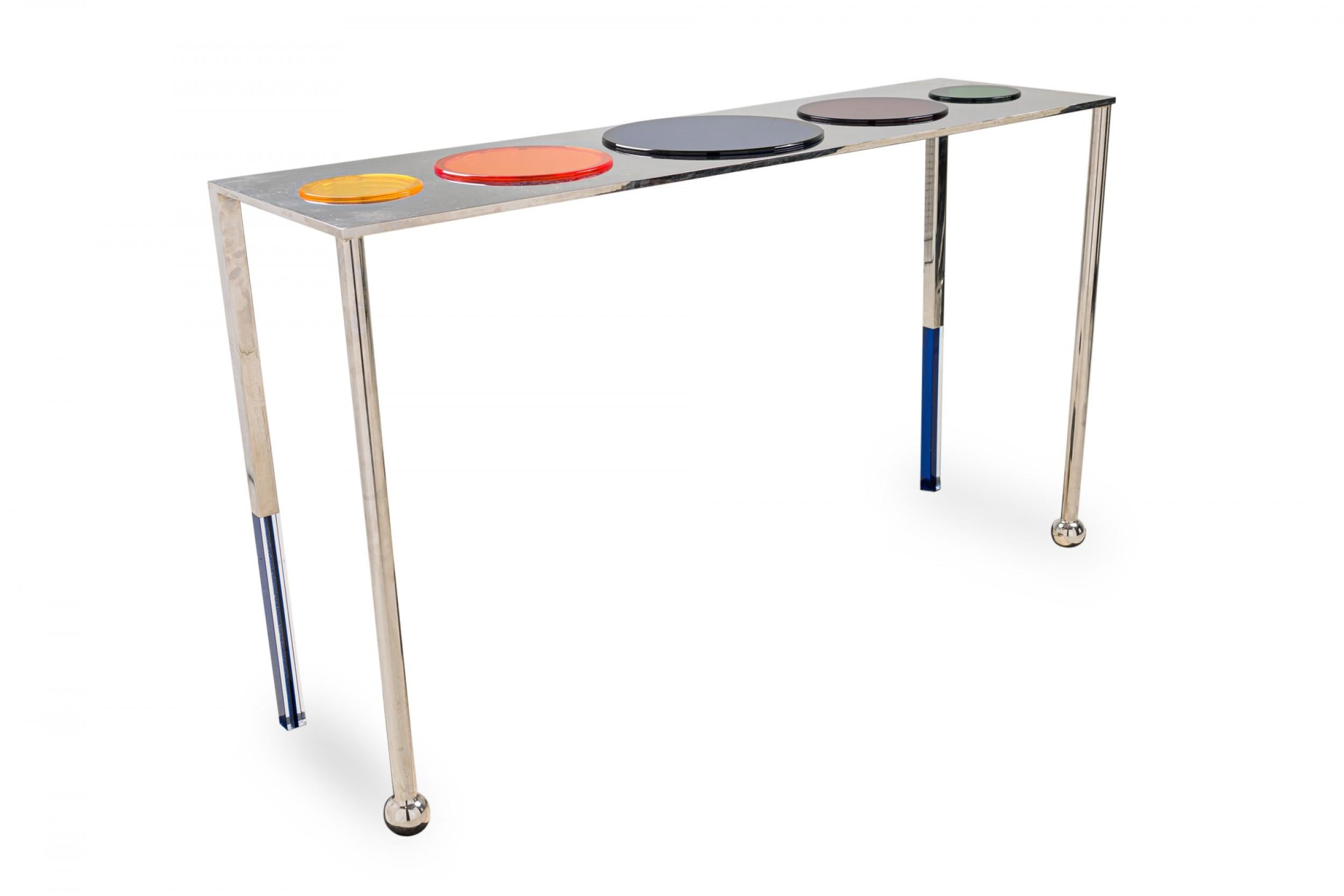 Polished Charles Hollis Jones American Nickel & Multi-Colored Lucite Disk Console Table For Sale