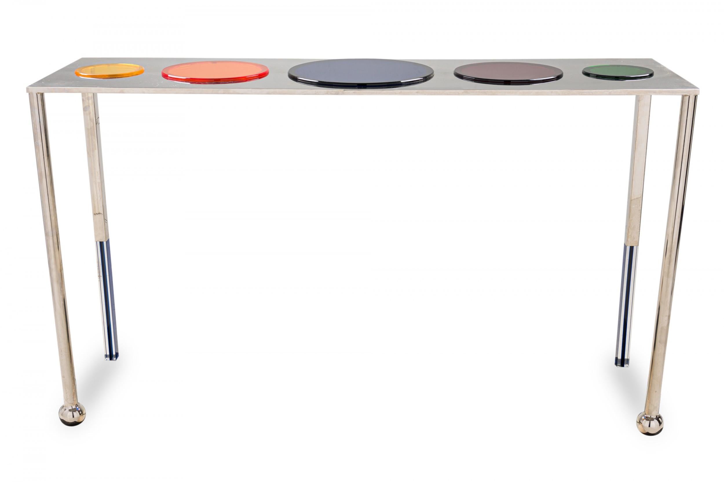 Charles Hollis Jones American Nickel & Multi-Colored Lucite Disk Console Table In Good Condition For Sale In Queens, NY