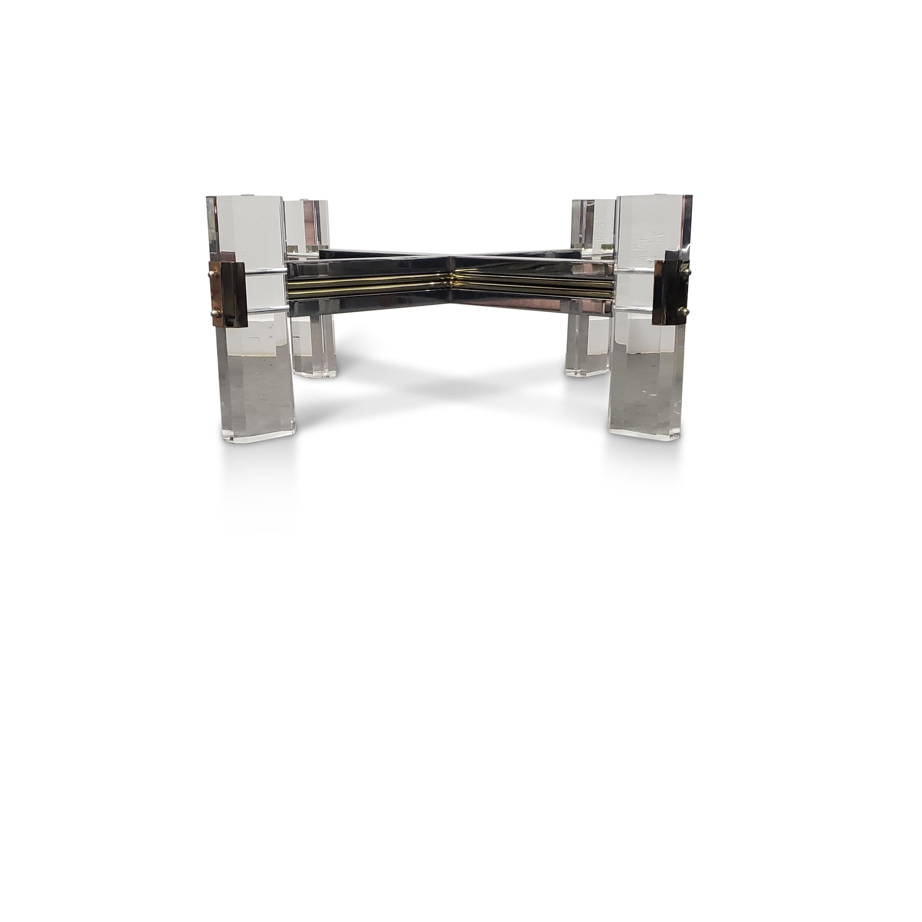 Charles Hollis Jones Attr. Lucite Chrome / Brass Coffee Table  In Good Condition For Sale In Middlesex, NJ
