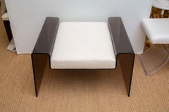 Vintage Spiros Zakas Rare Smoked Lucite Bend Bench, Off White Upholster Cushion