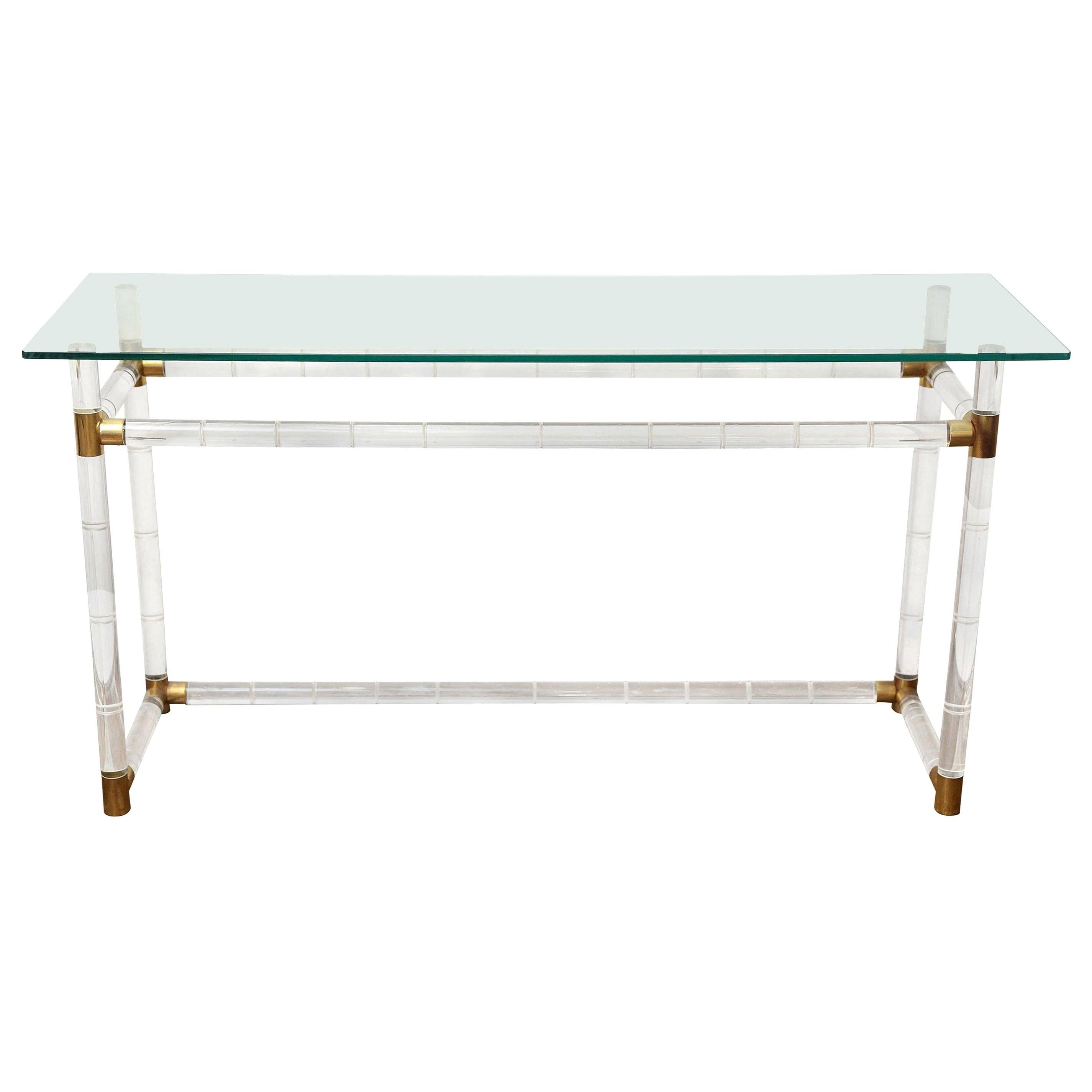 Charles Hollis Jones Bamboo Style Lucite Frame Glass Top w/ Brass Console Table For Sale