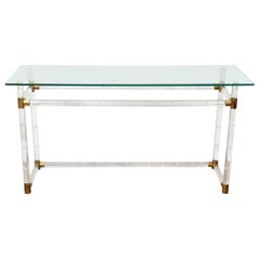 Charles Hollis Jones Bamboo Style Lucite Frame Glass Top w/ Brass Console Table