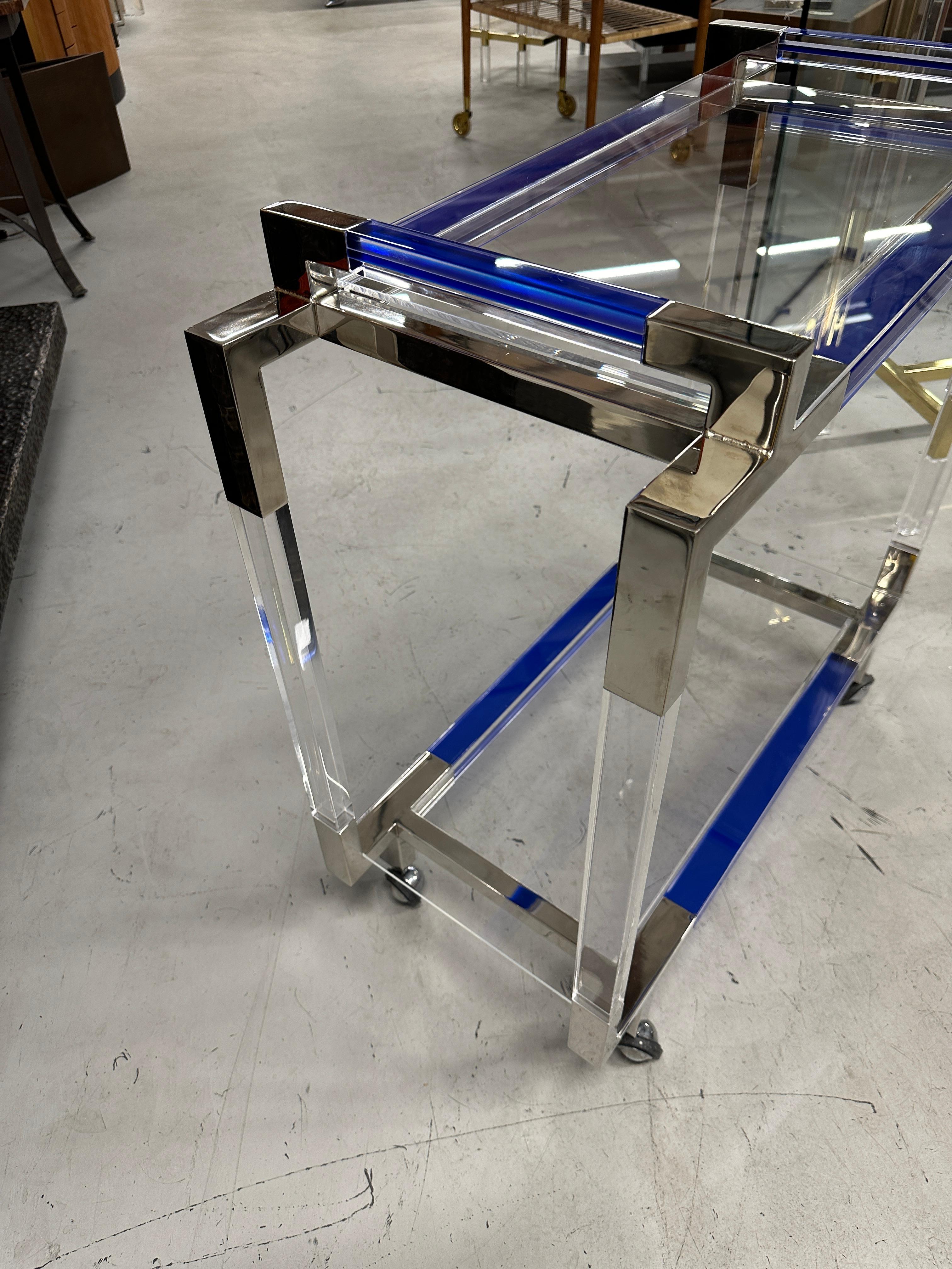 Charles Hollis Jones Blue and Clear Lucite Bar Cart For Sale 7