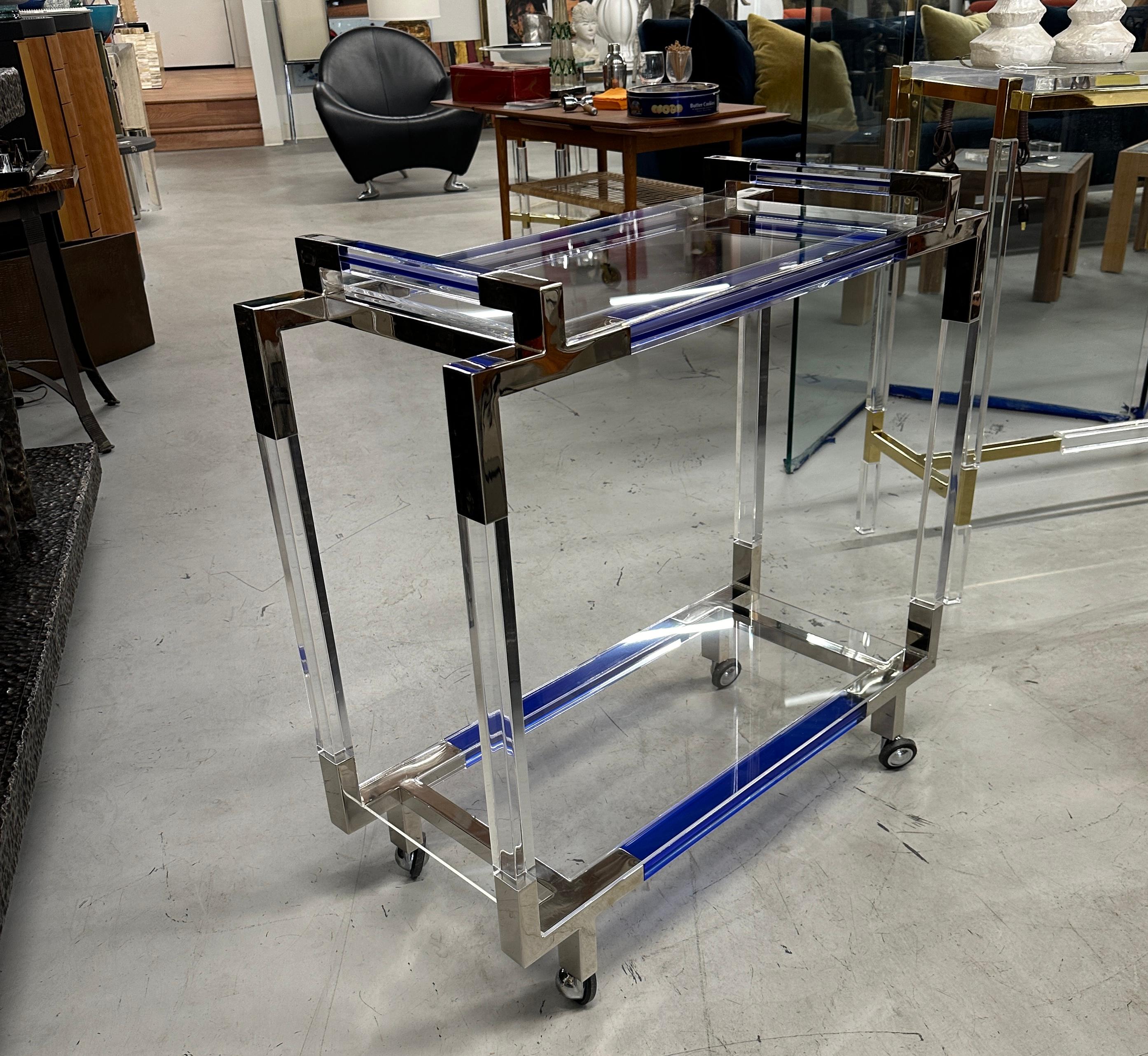 American Charles Hollis Jones Blue and Clear Lucite Bar Cart For Sale