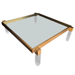 Charles Hollis Jones "Box Line" Coffee Table in Lucite and Antique Solid Brass