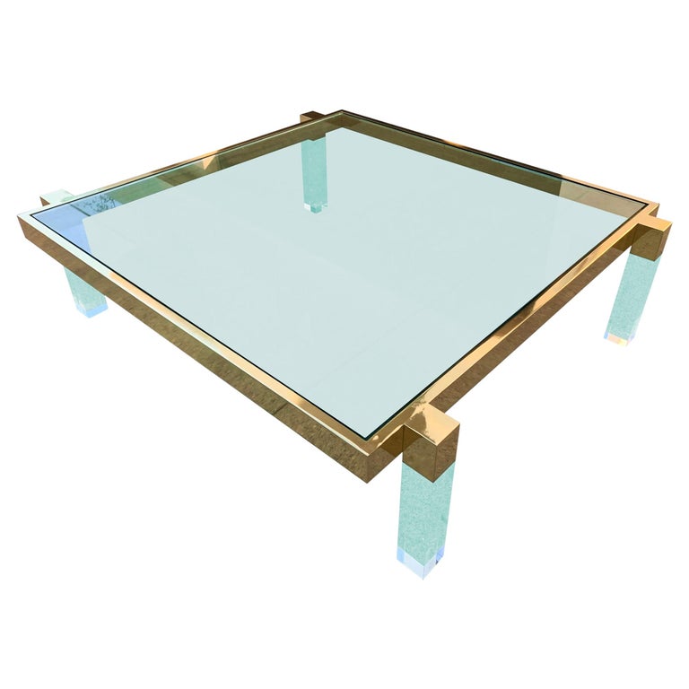Charles Hollis Jones Box Line Lucite and Polished Brass Coffee Table, 1960s