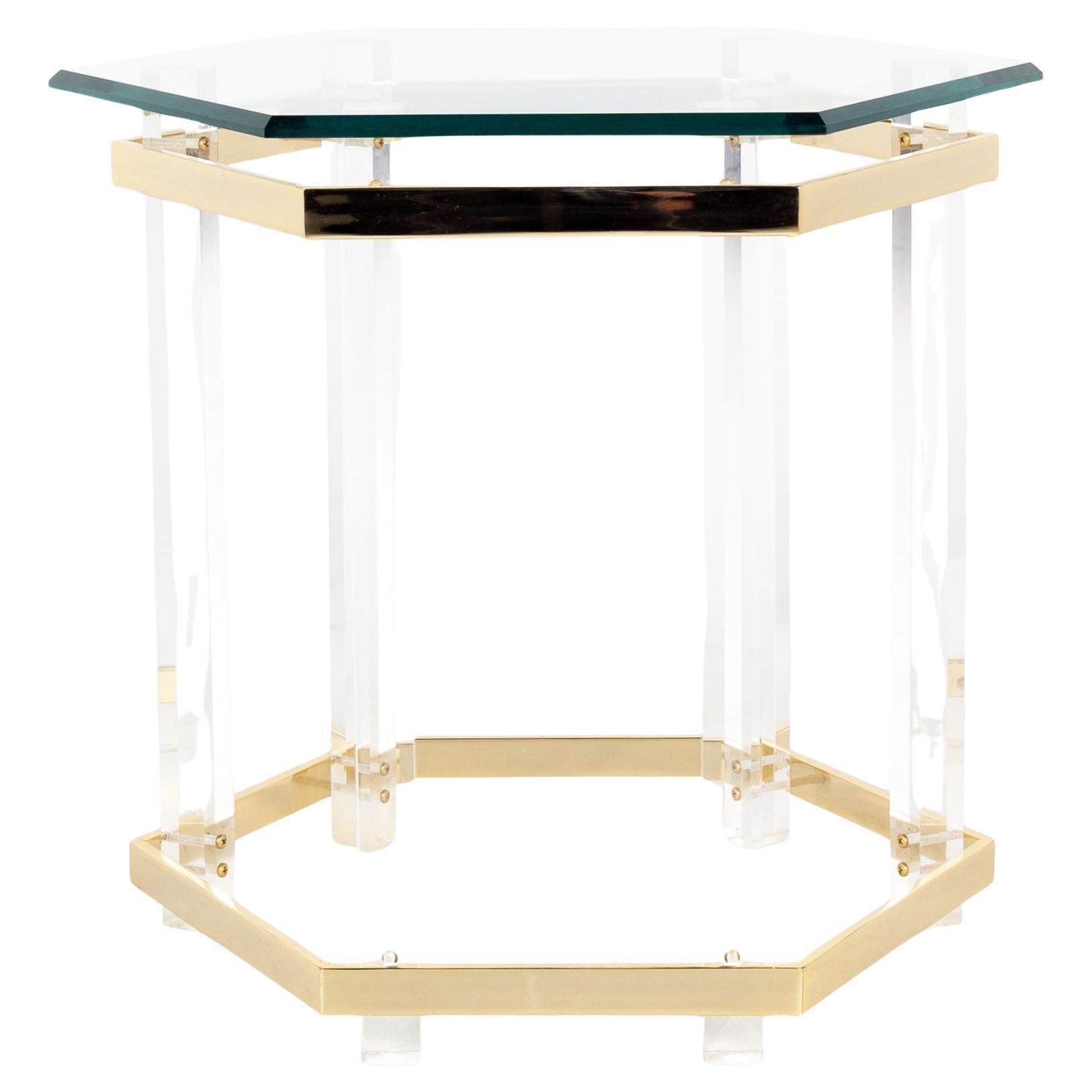 Charles Hollis Jones Brass and Lucite Octagonal Coffee Table. For Sale