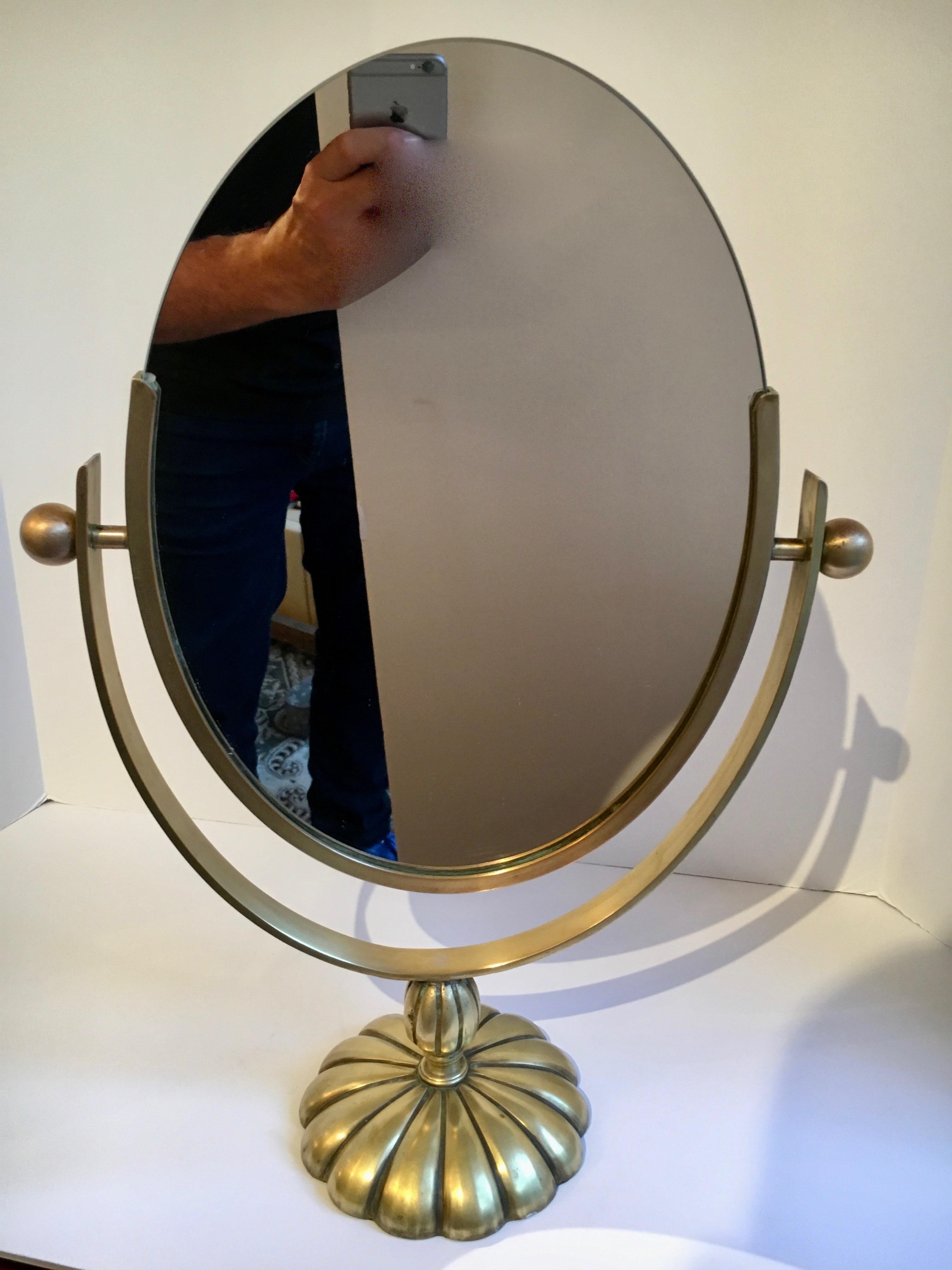 Charles Hollis Jones Brass Mirrorm with Flower Base In Good Condition In Los Angeles, CA