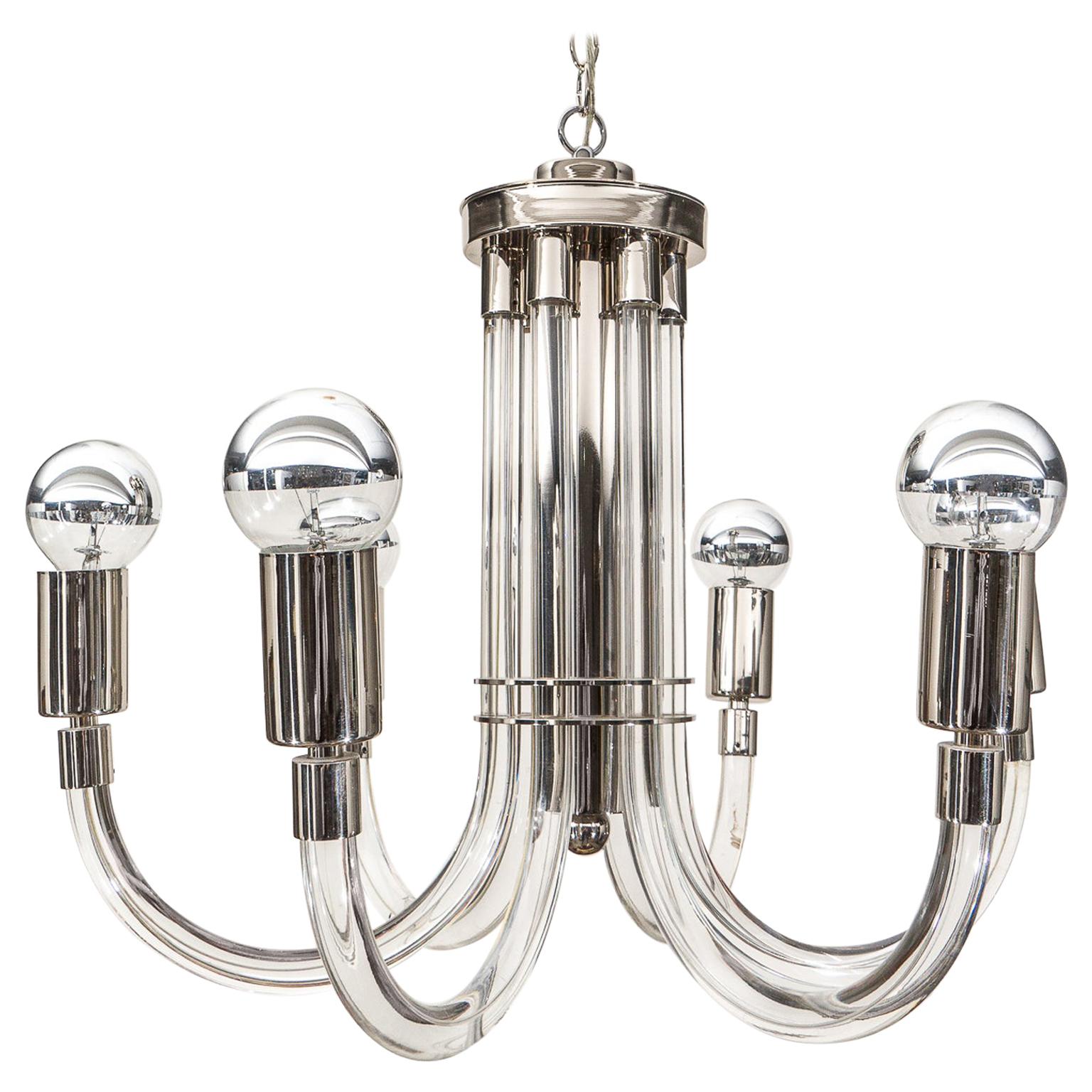 Charles Hollis Jones Chrome and Lucite Chandelier For Sale