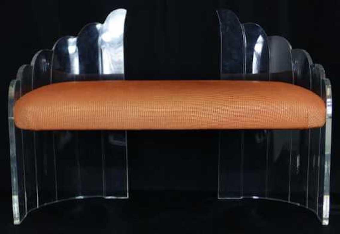 20th Century c.1970 Charles Hollis Jones Clear Lucite 'Angel Wings' Bench-Hill Mfg-Calf hide  For Sale