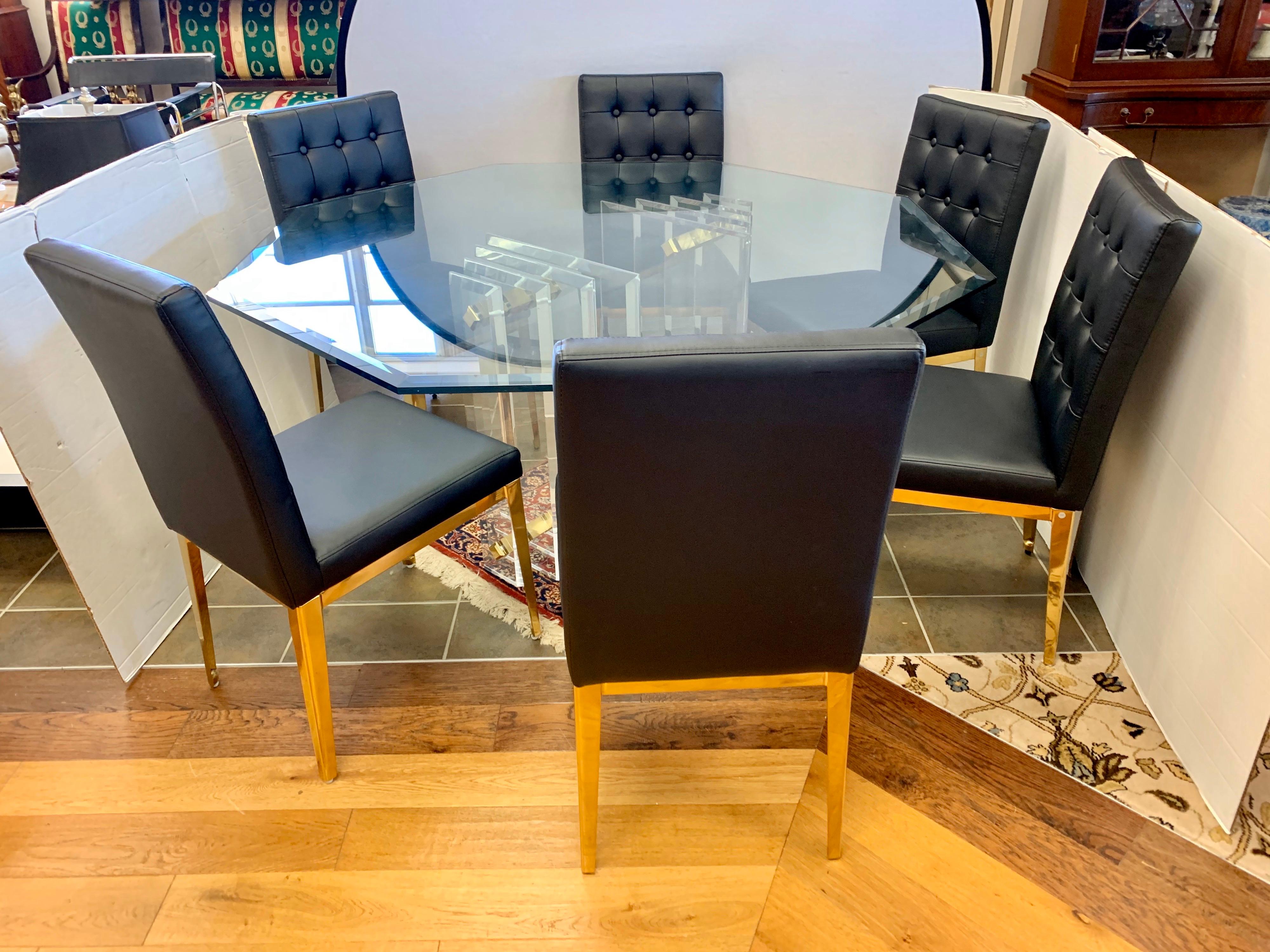 Brass Charles Hollis Jones Dining Room Set with Black Leather Contemporary Six Chairs