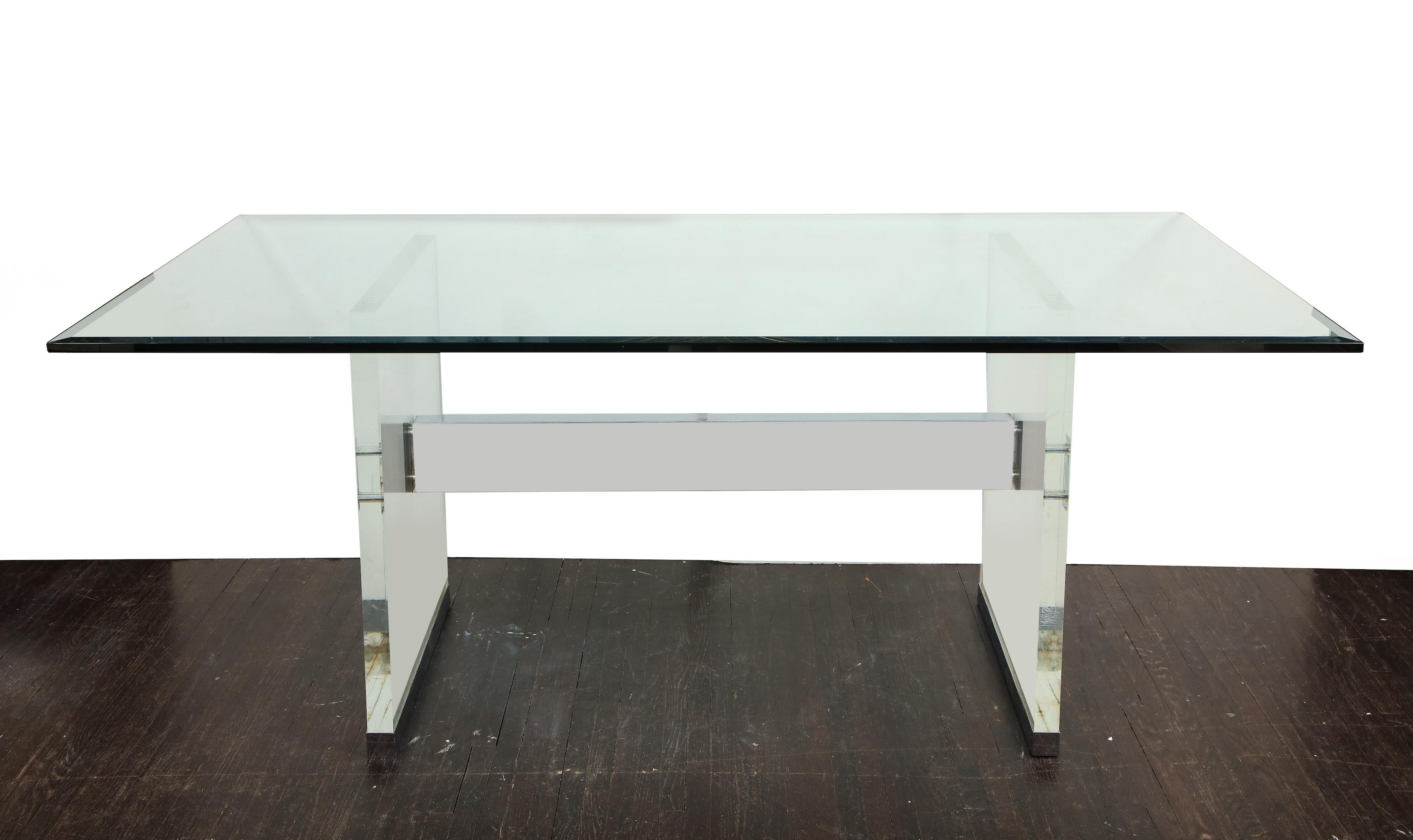 Original Charles Hollis Jones dining table with Lucite legs. A refined modern dining table designed by Charles Hollis Jones in 1970s. The table consists of thick Lucite legs, a polished nickel brace and beveled glass top.