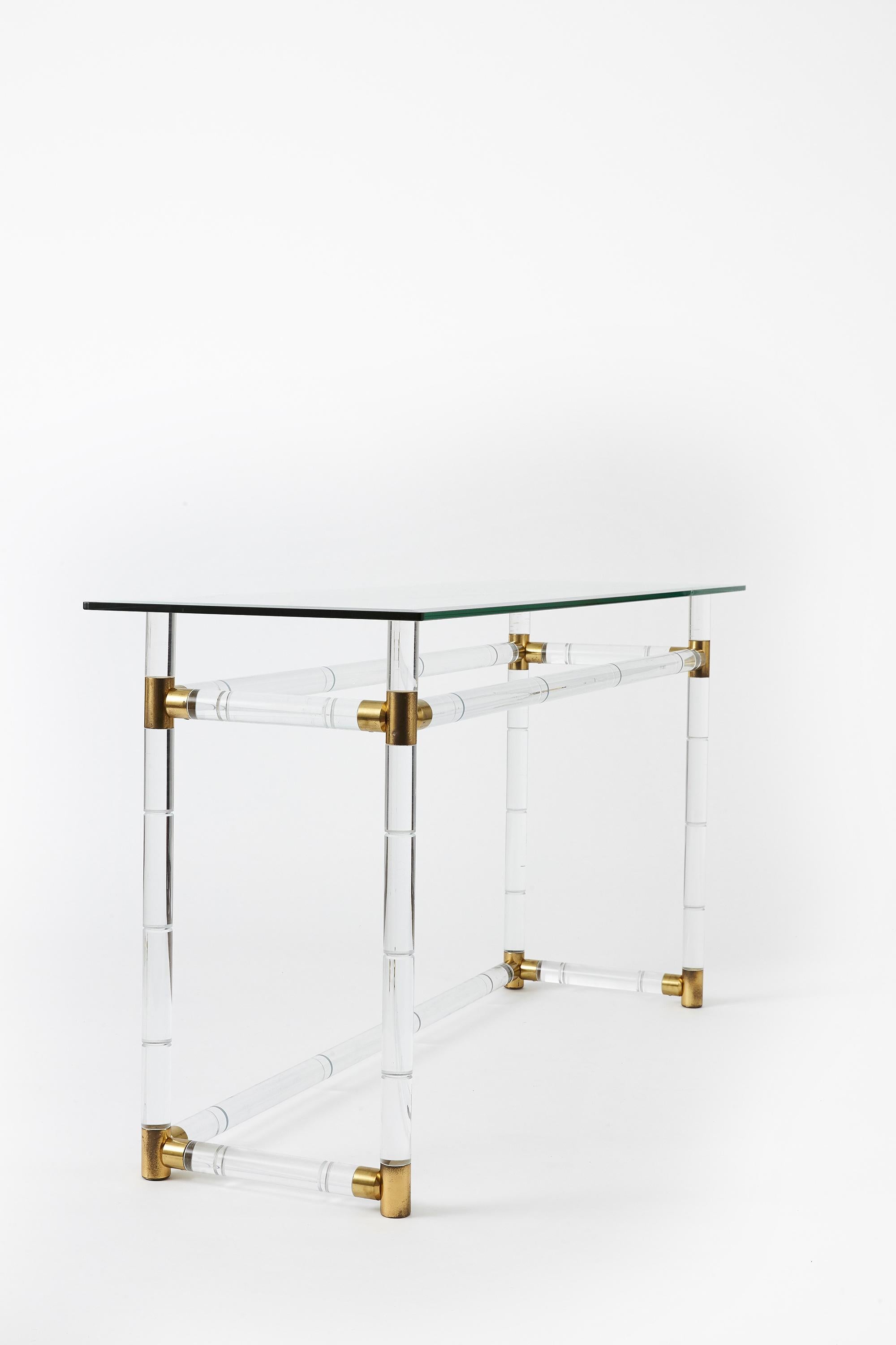 American Faux Bamboo Lucite and Brass Console by Charles Hollis Jones 