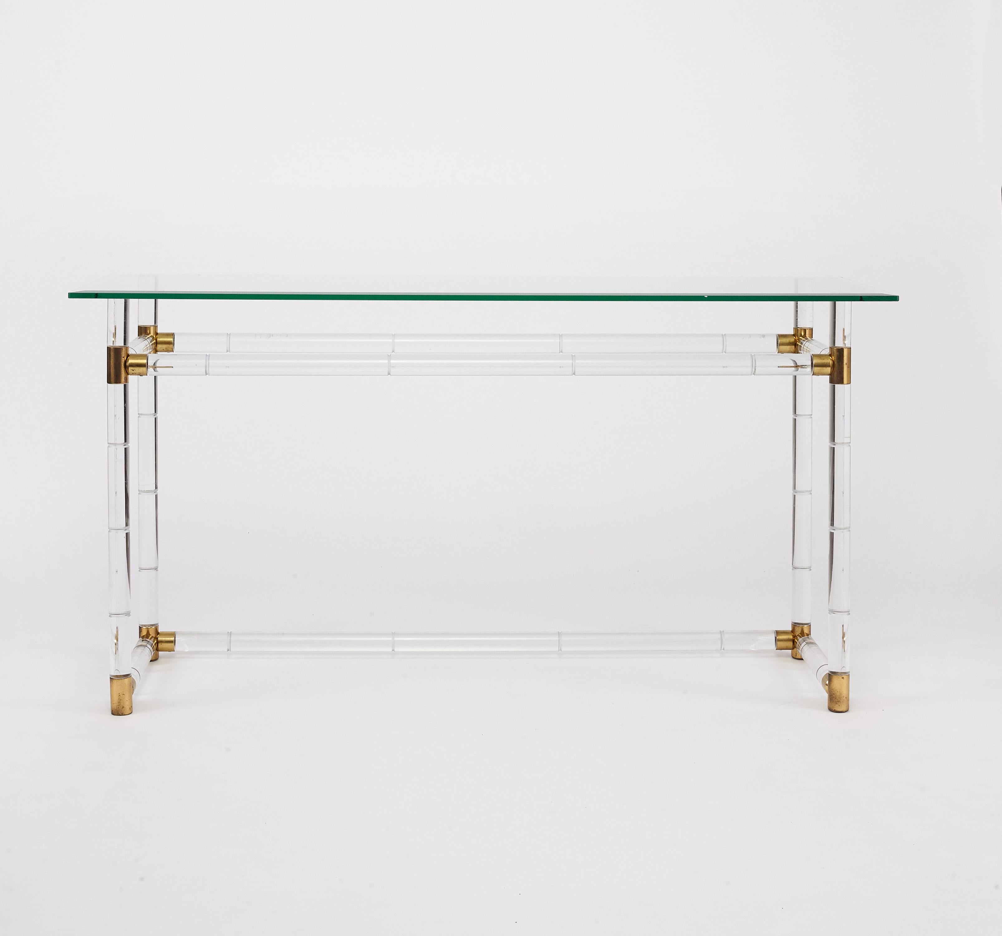 Late 20th Century Faux Bamboo Lucite and Brass Console by Charles Hollis Jones 