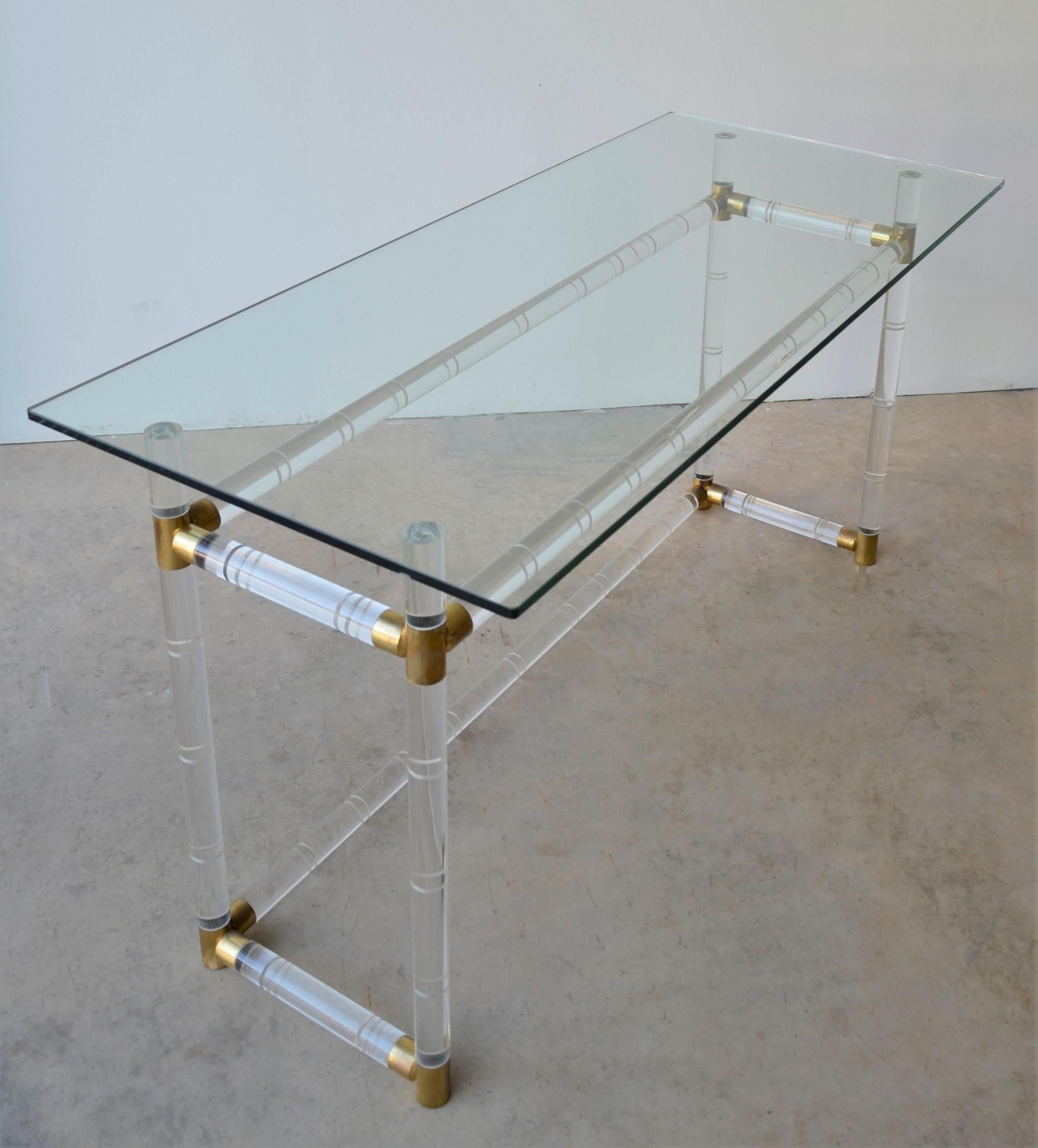 American Charles Hollis Jones Faux Bamboo Lucite with Brass Accents & Glass Console/Desk For Sale
