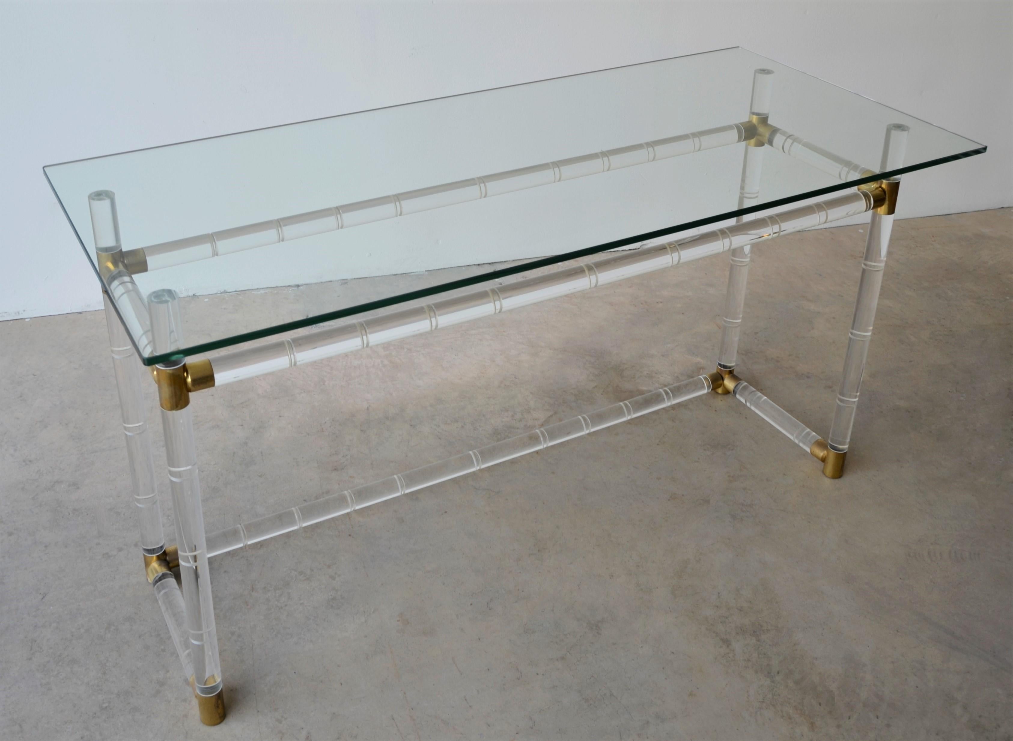Charles Hollis Jones Faux Bamboo Lucite with Brass Accents & Glass Console/Desk In Good Condition For Sale In Houston, TX