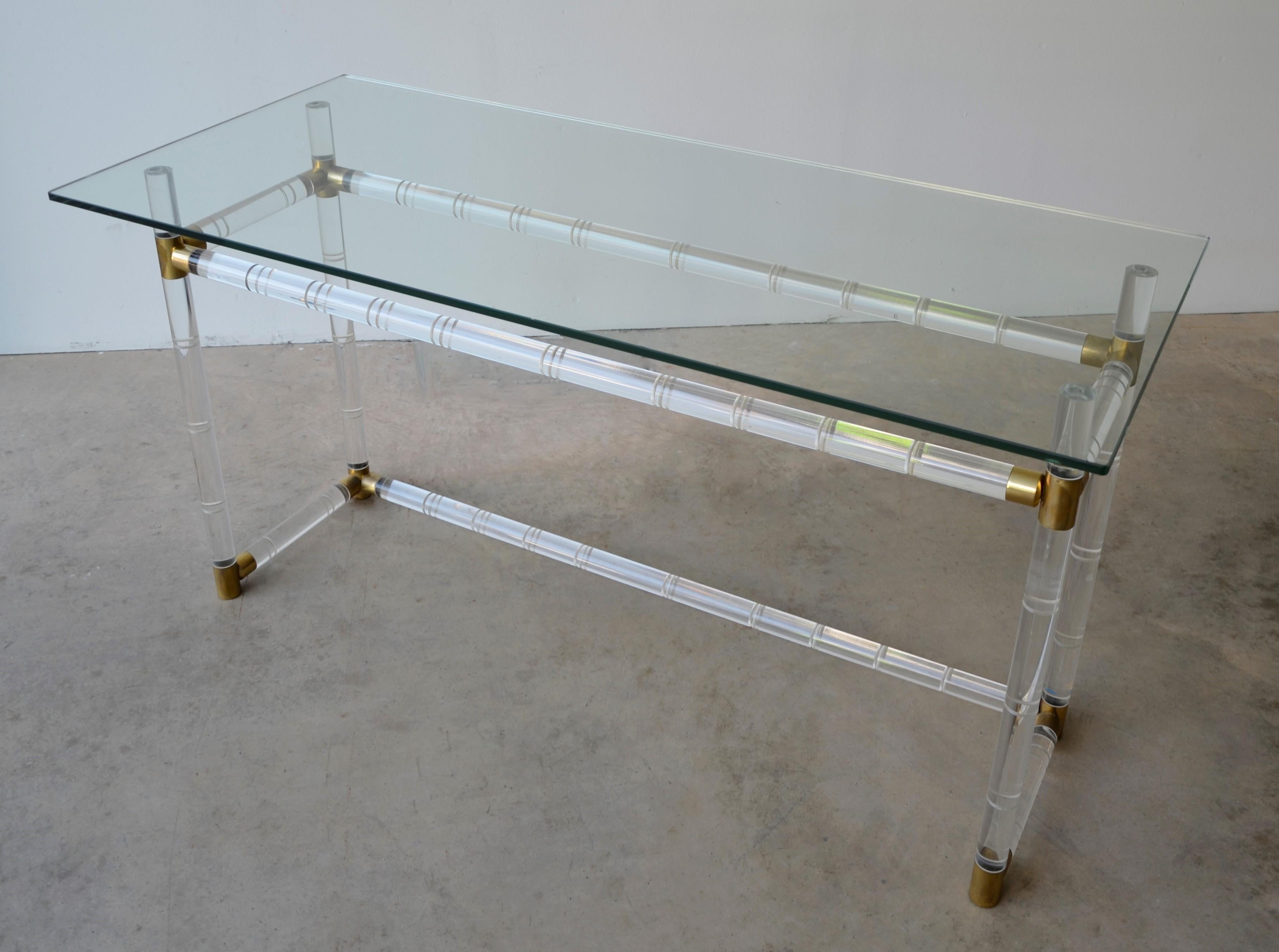 Charles Hollis Jones Faux Bamboo Lucite with Brass Accents & Glass Console/Desk For Sale 2