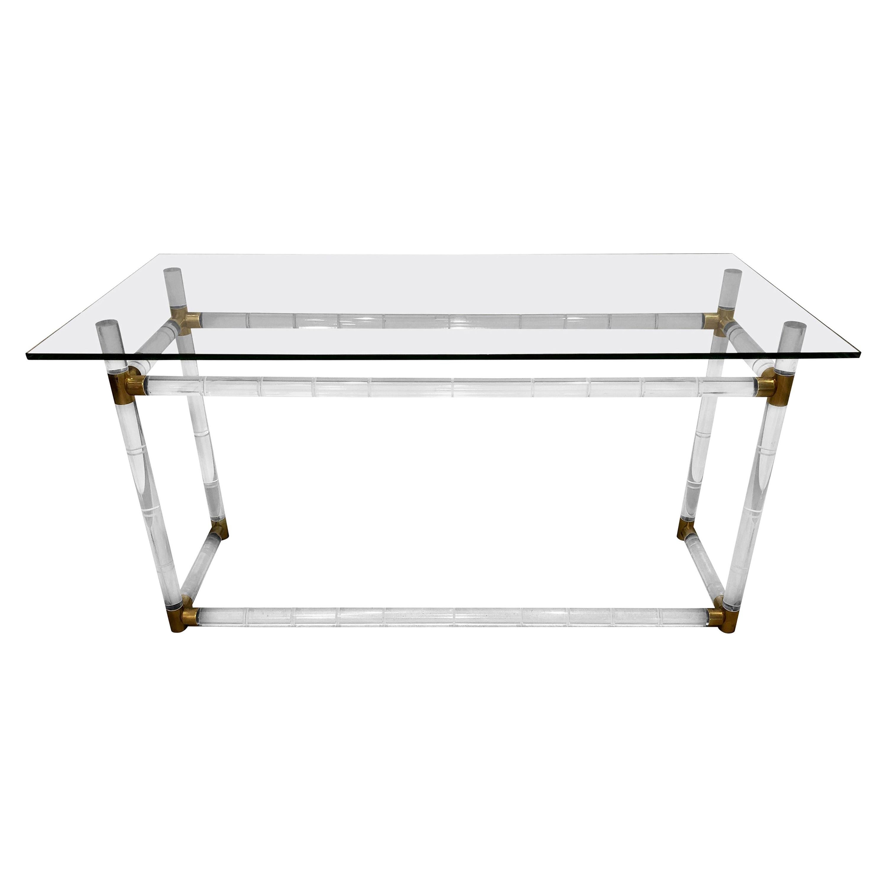 Charles Hollis Jones Faux Bamboo Lucite with Brass Accents & Glass Console/Desk For Sale