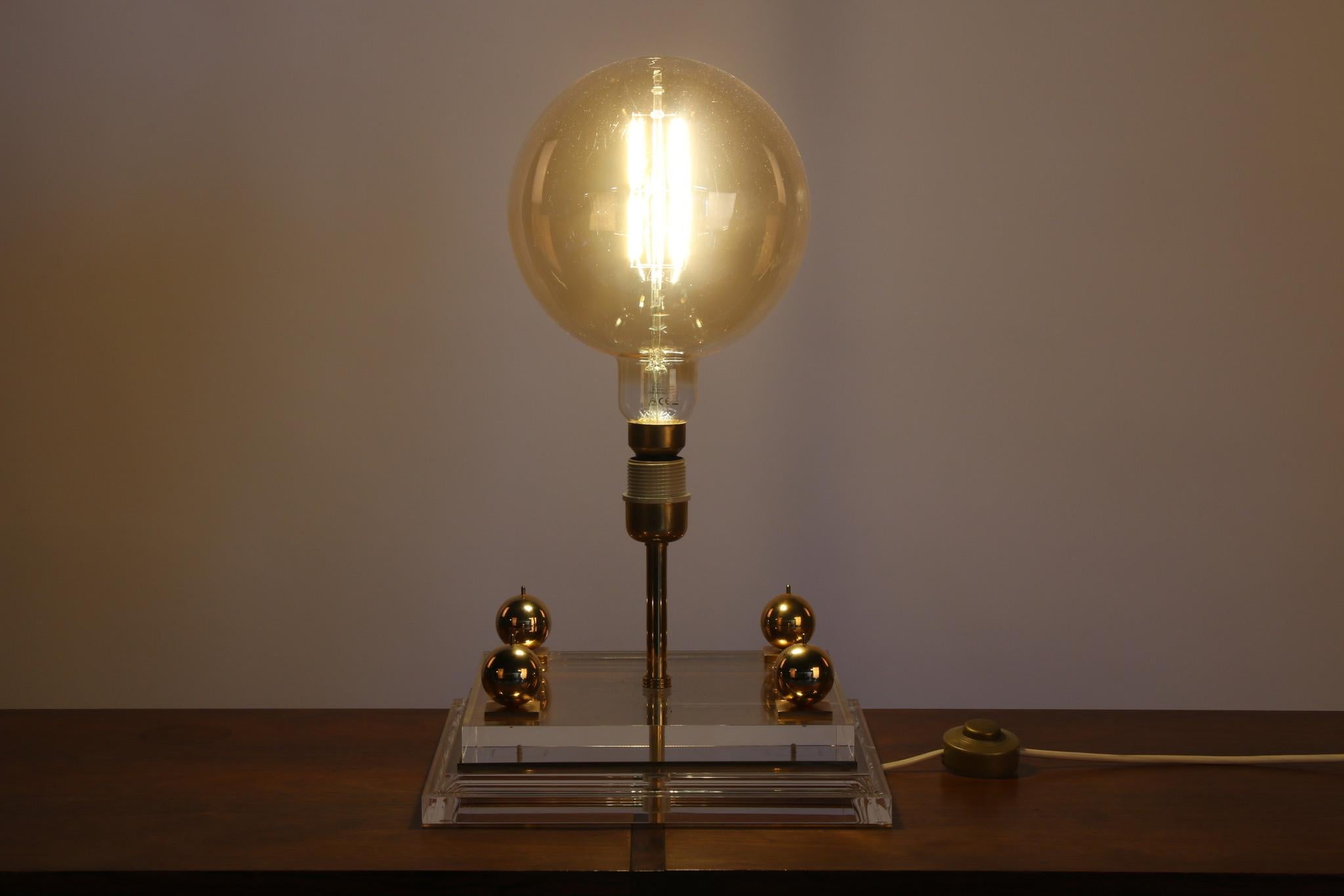 Gold Plate  Charles Hollis Jones Gold Plexiglass Hollywood Regency Table Lamp, 70s For Sale