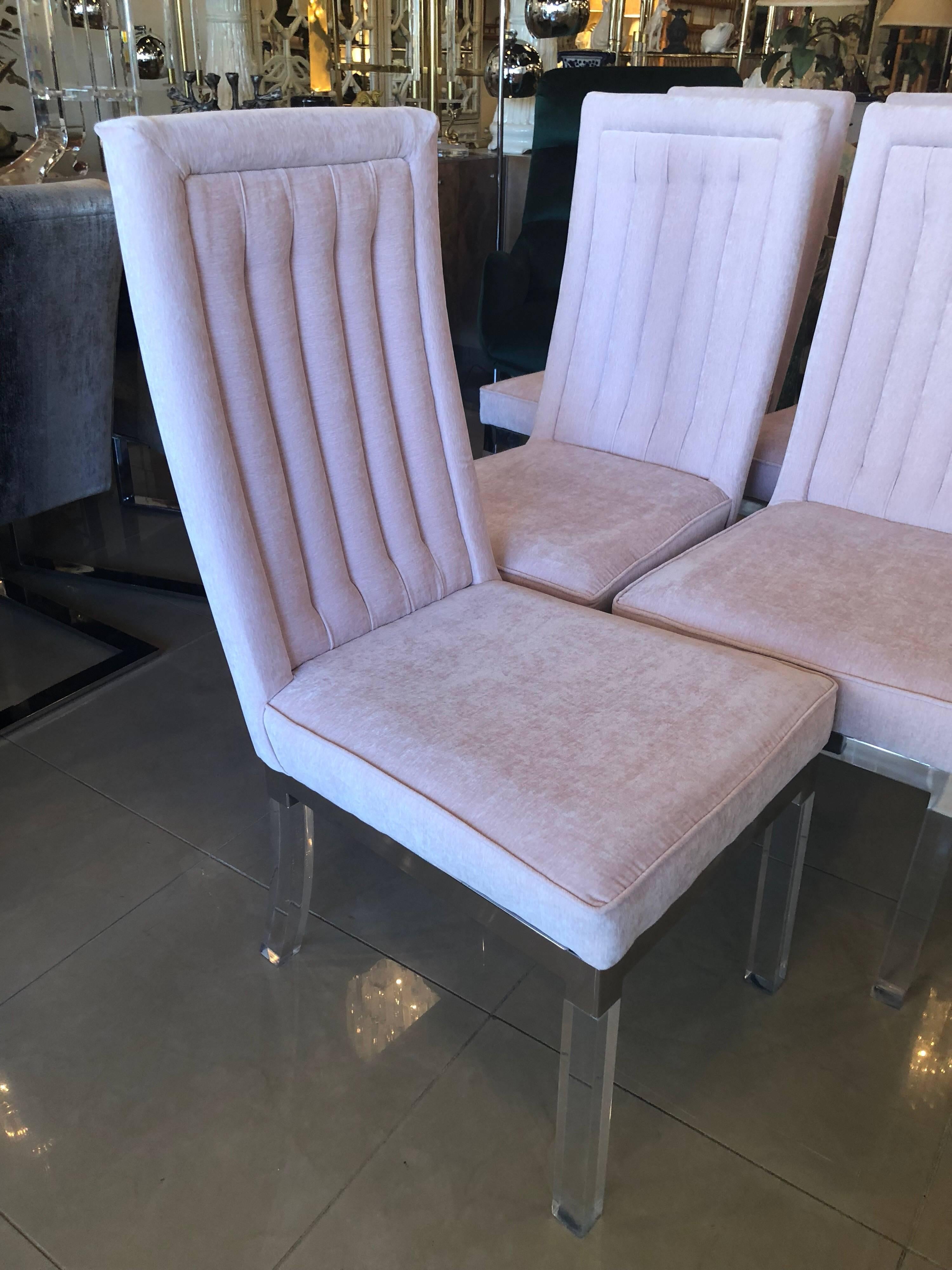 Vintage lucite and chrome Charles Hollis Jones CHJ channel back side dining chairs. Meticulously restored with new blush pink velvet upholstery, polished lucite and chrome. Price is per chair. I have 12 available. Option to provide COM is available. 