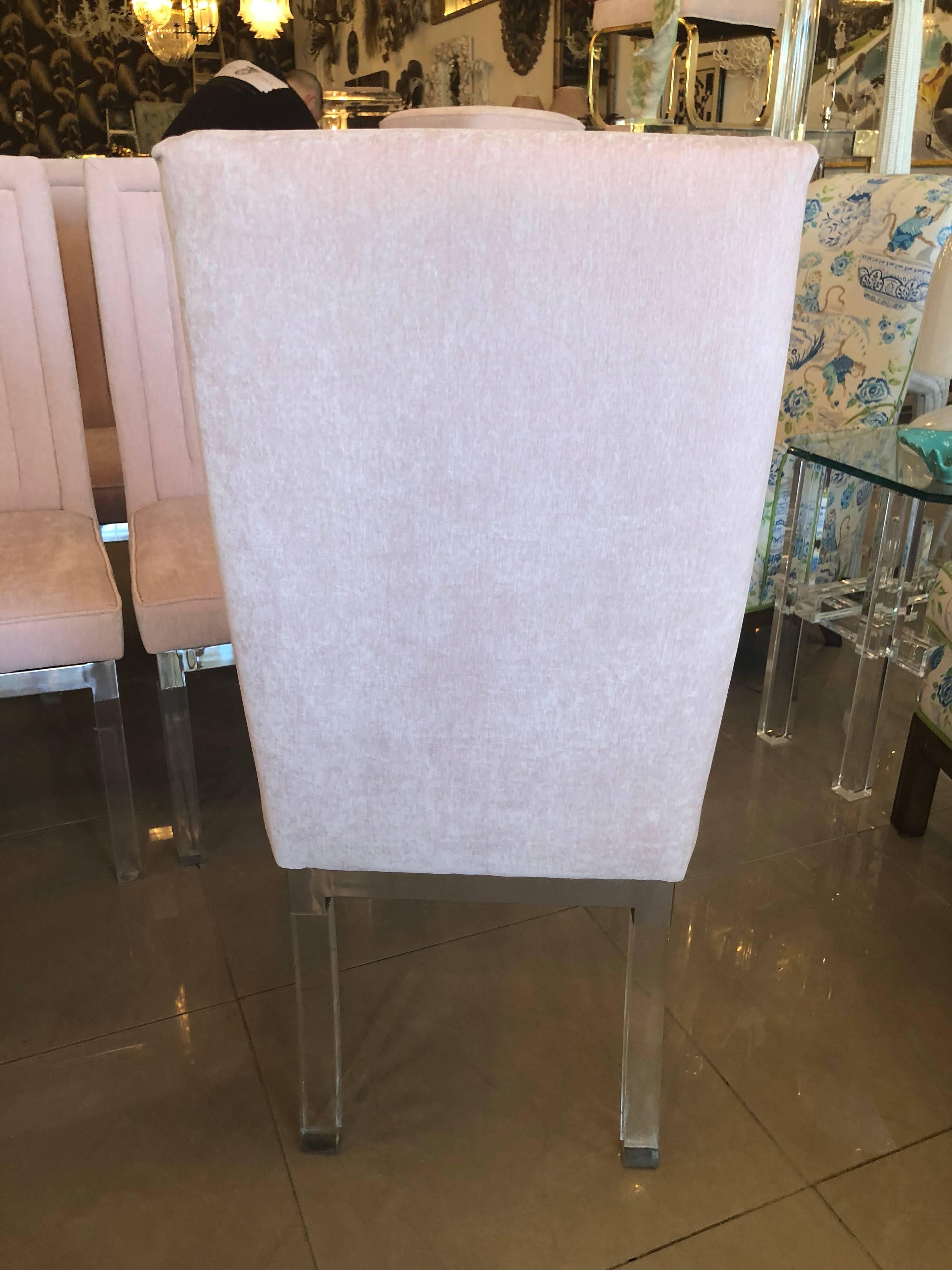 Charles Hollis Jones Lucite & Chrome Side Dining Chairs Newly Upholstered or COM In Excellent Condition For Sale In West Palm Beach, FL
