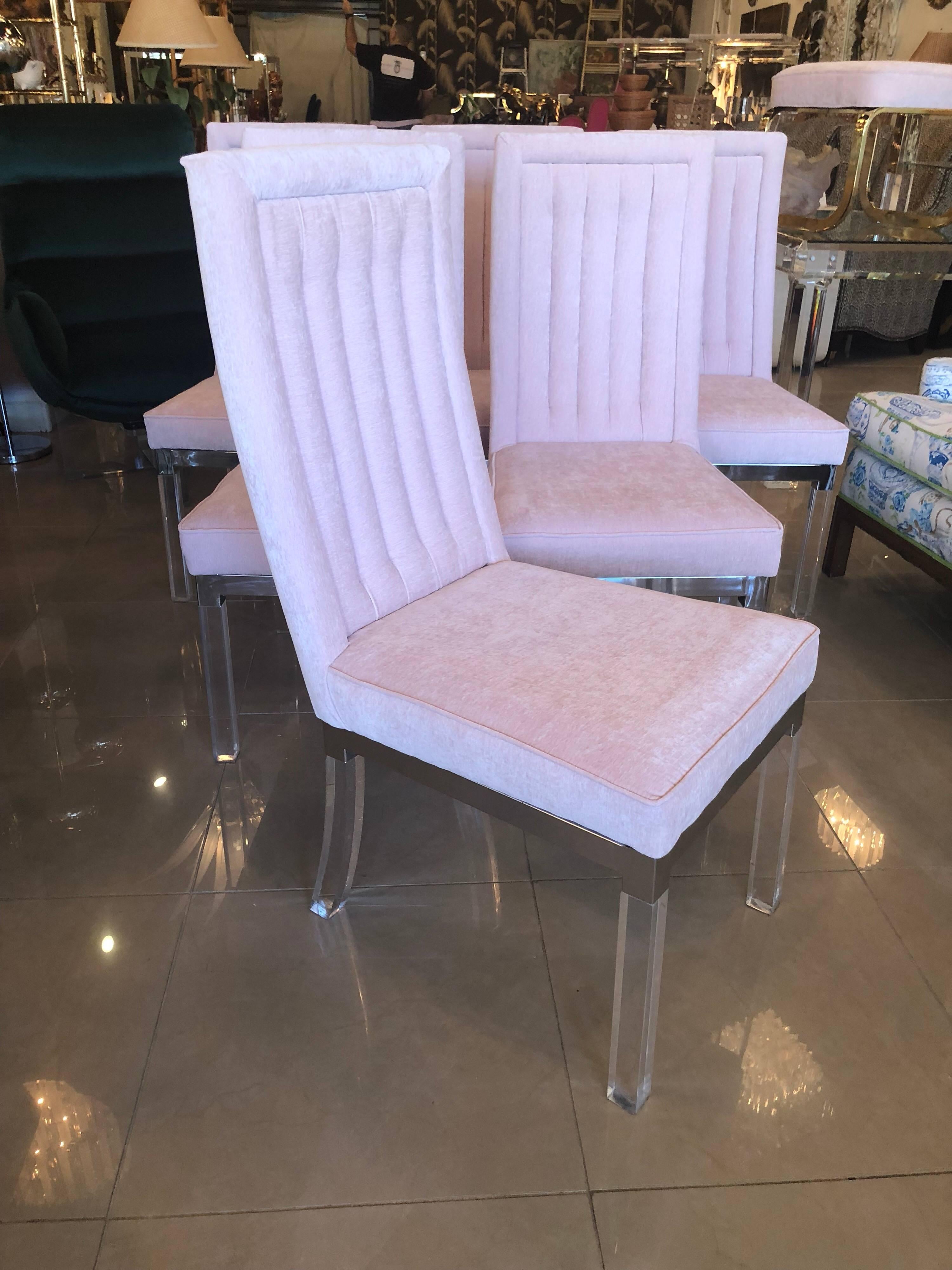 Charles Hollis Jones Lucite & Chrome Side Dining Chairs Newly Upholstered or COM For Sale 2