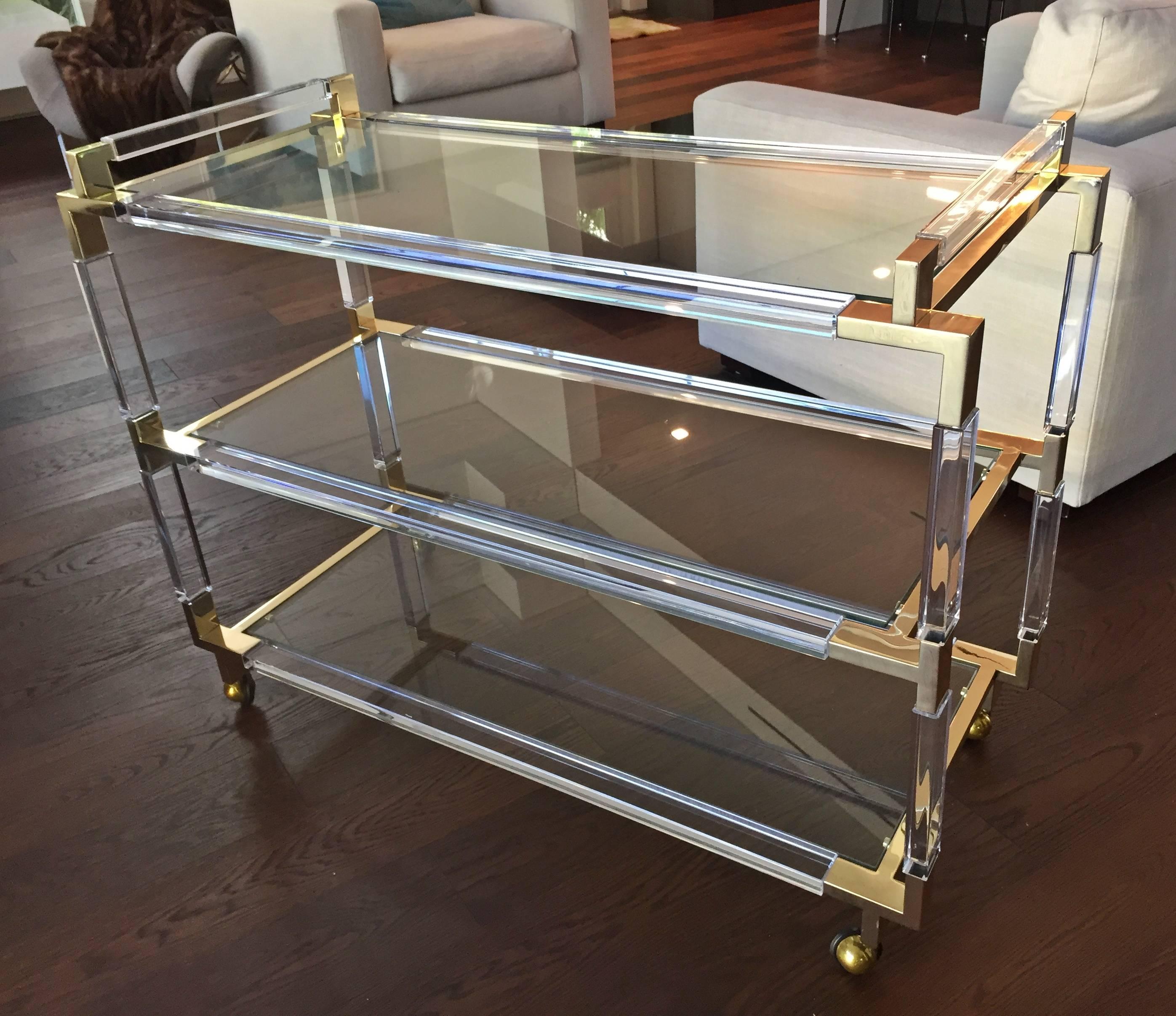 Mid-Century Modern Charles Hollis Jones Lucite and Brass Bar Cart from the 