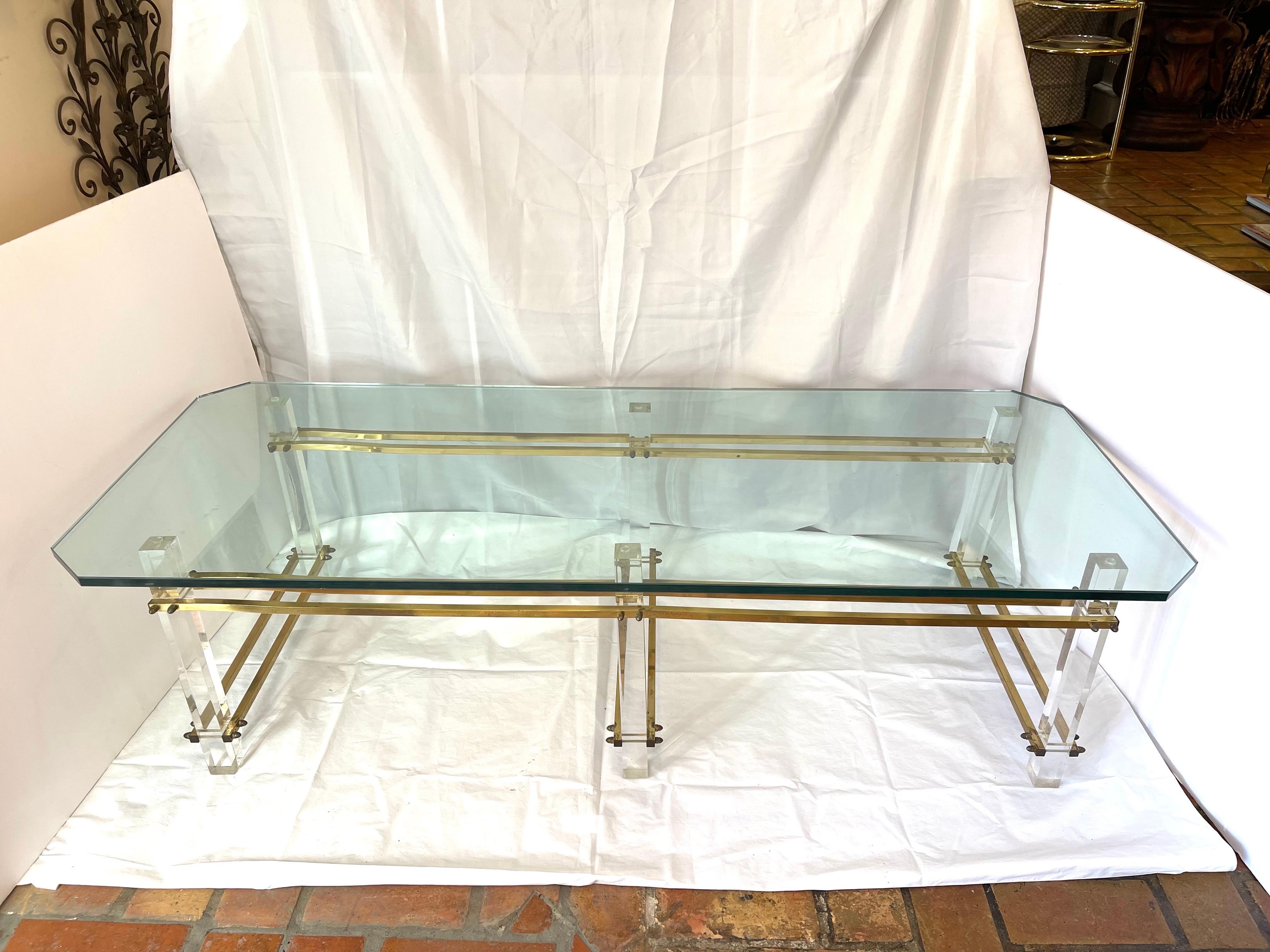 Hollywood Regency Charles Hollis Jones Lucite and Brass Coffee Table For Sale