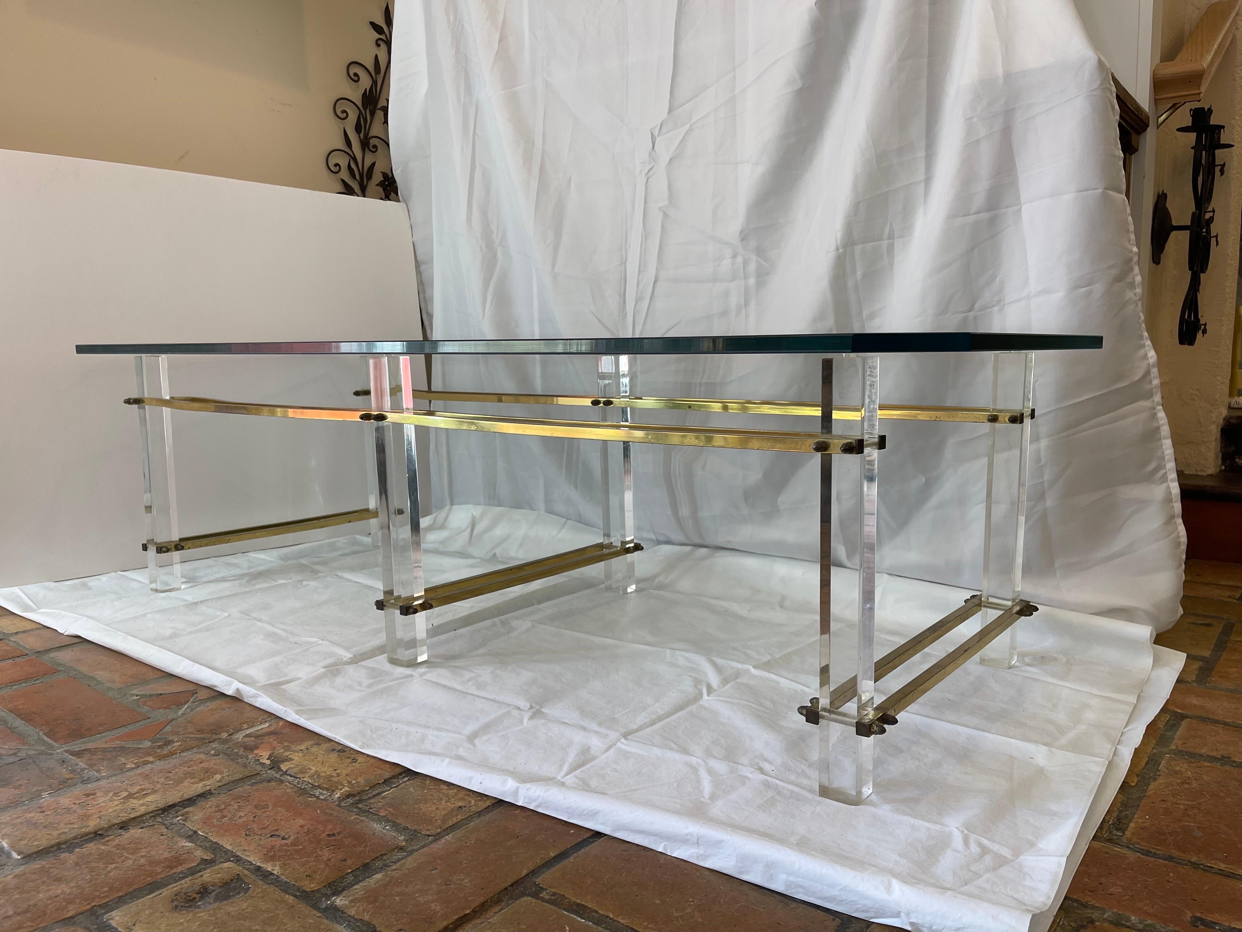 Late 20th Century Charles Hollis Jones Lucite and Brass Coffee Table For Sale