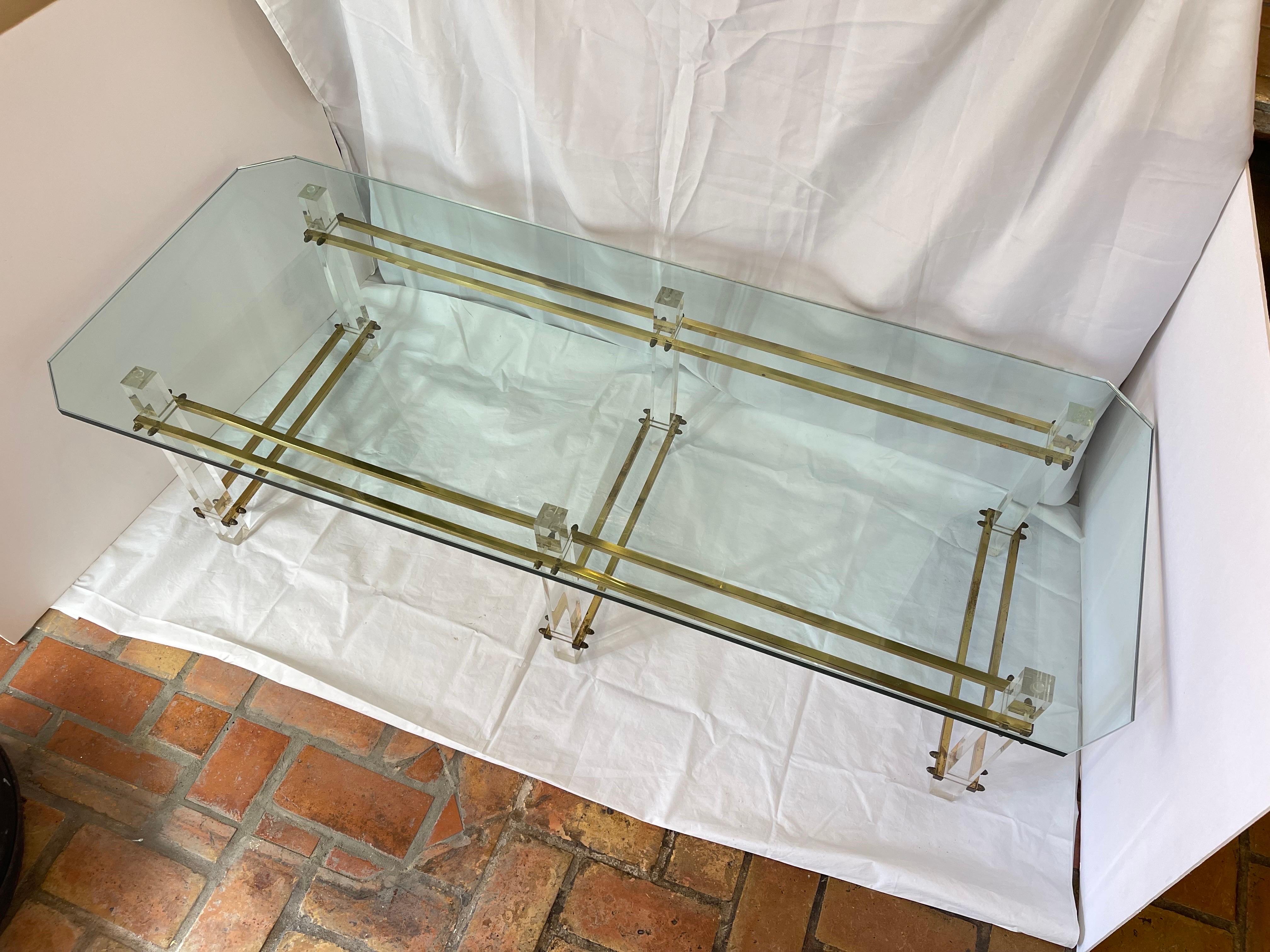 Charles Hollis Jones Lucite and Brass Coffee Table For Sale 1