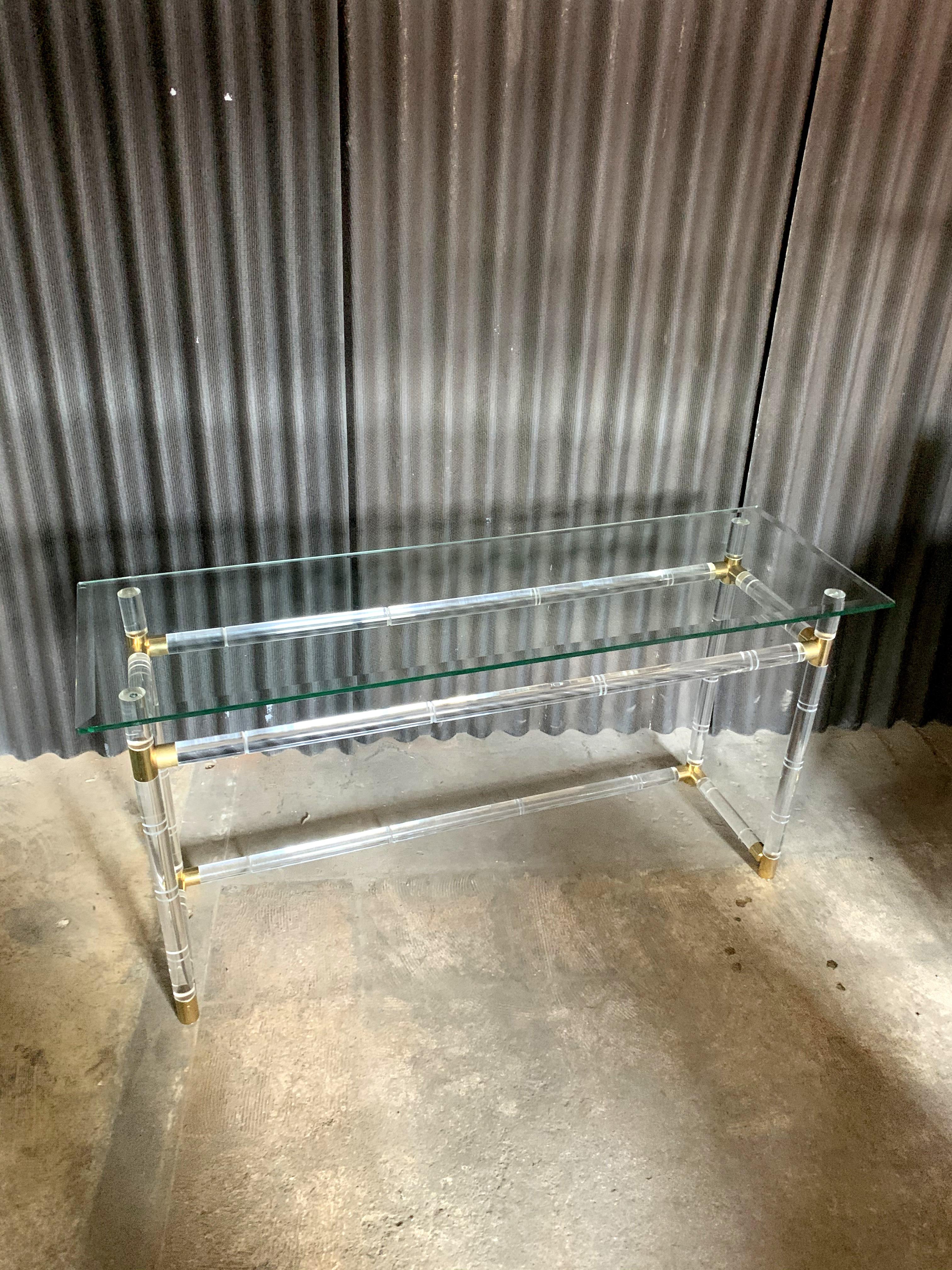American Charles Hollis Jones Lucite and Brass Console Sofa Table