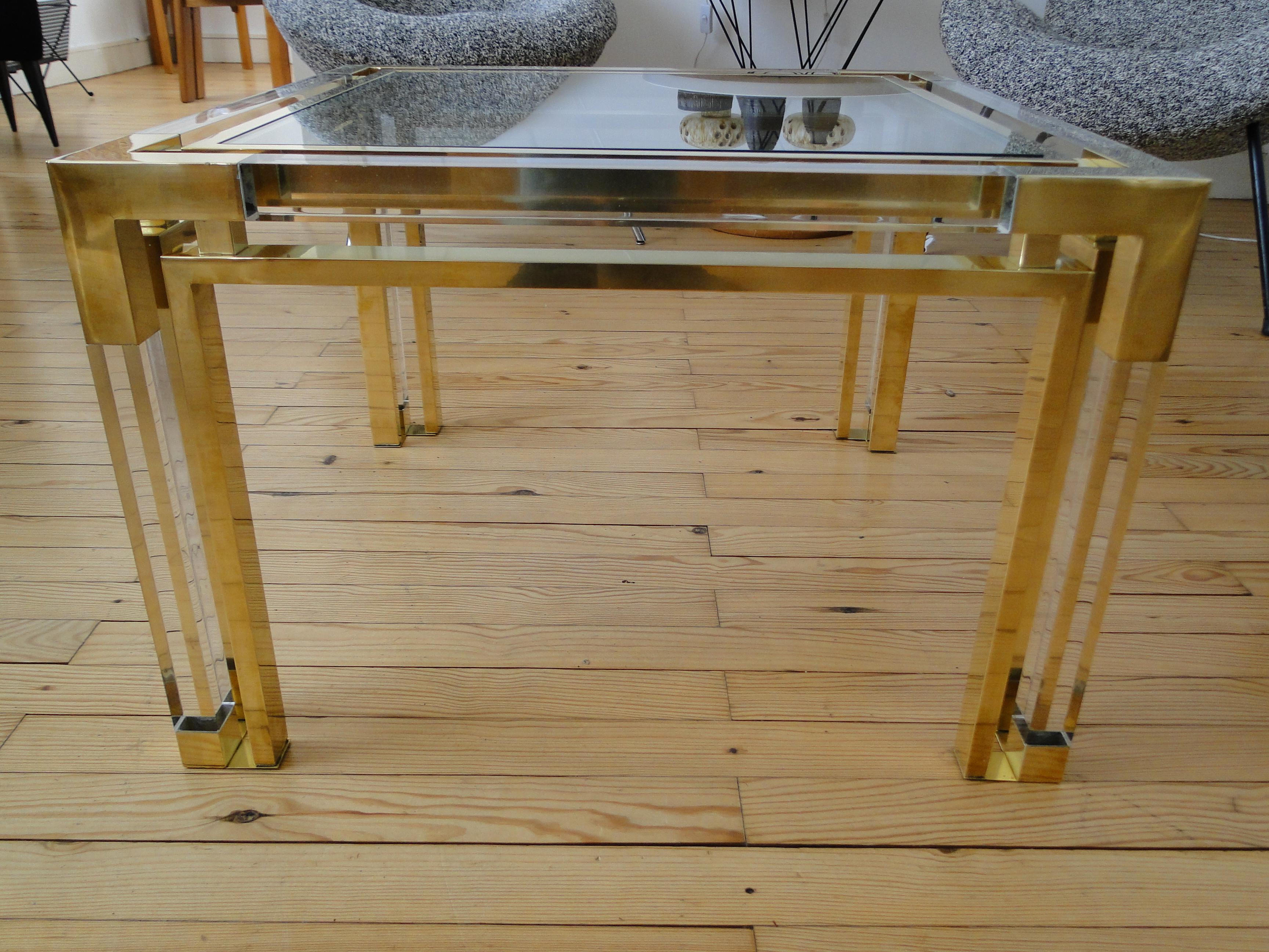 Charles Hollis Jones Lucite and Brass Italian Square Cocktail Table For Sale 4