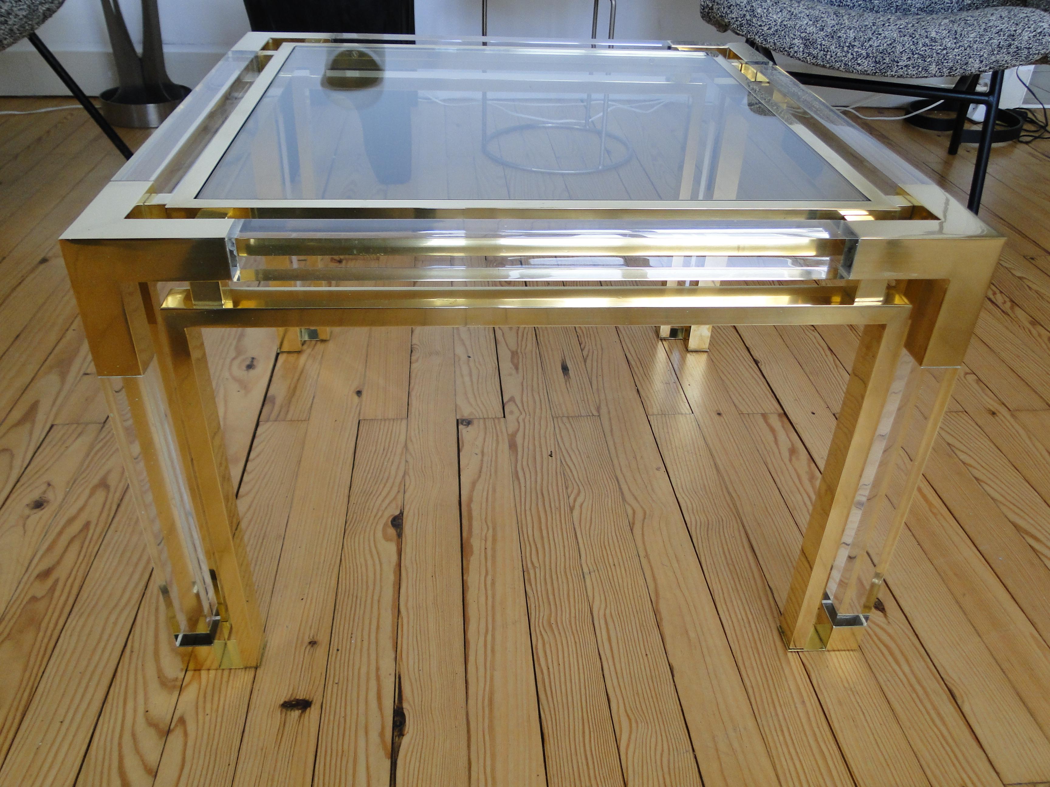 American Charles Hollis Jones Lucite and Brass Italian Square Cocktail Table For Sale
