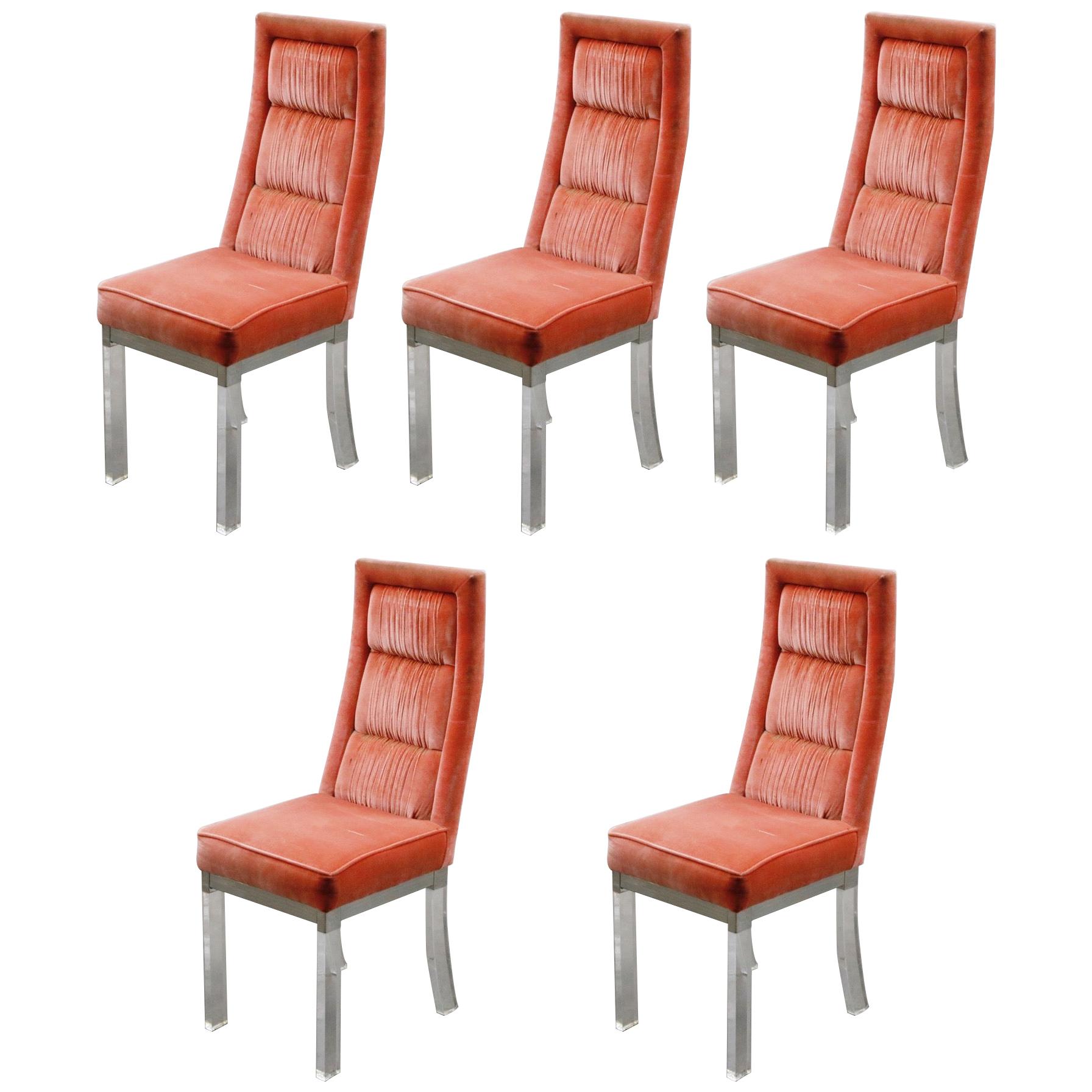 Charles Hollis Jones Lucite and Chrome Dining Chairs, Set of Five