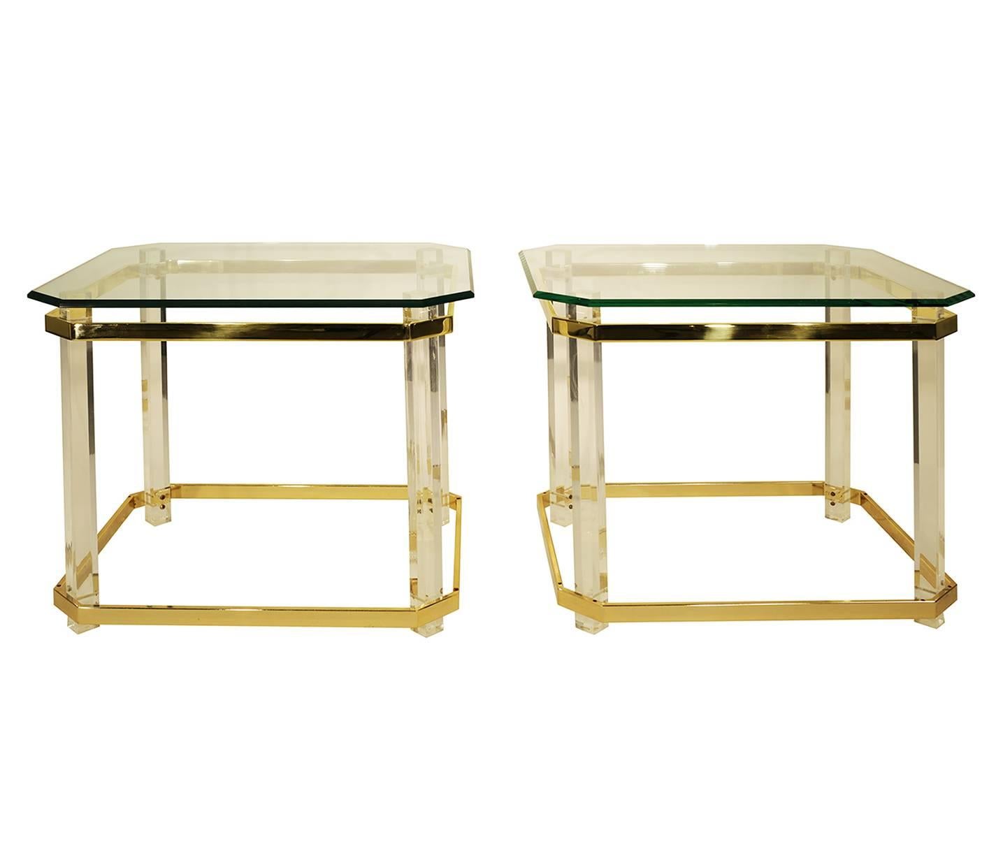 Pair of Charles Hollis Jones Lucite and brass, glass side tables. The tops have 