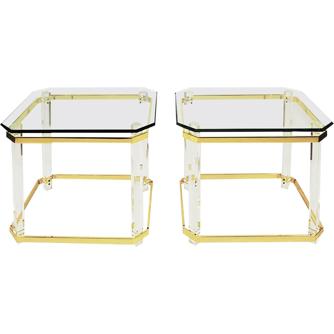 Charles Hollis Jones Lucite, Brass and Glass "Clipped Corner" Side Tables