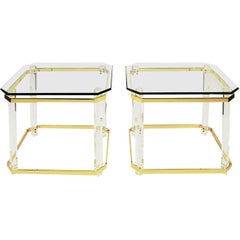 Charles Hollis Jones Lucite, Brass and Glass "Clipped Corner" Side Tables